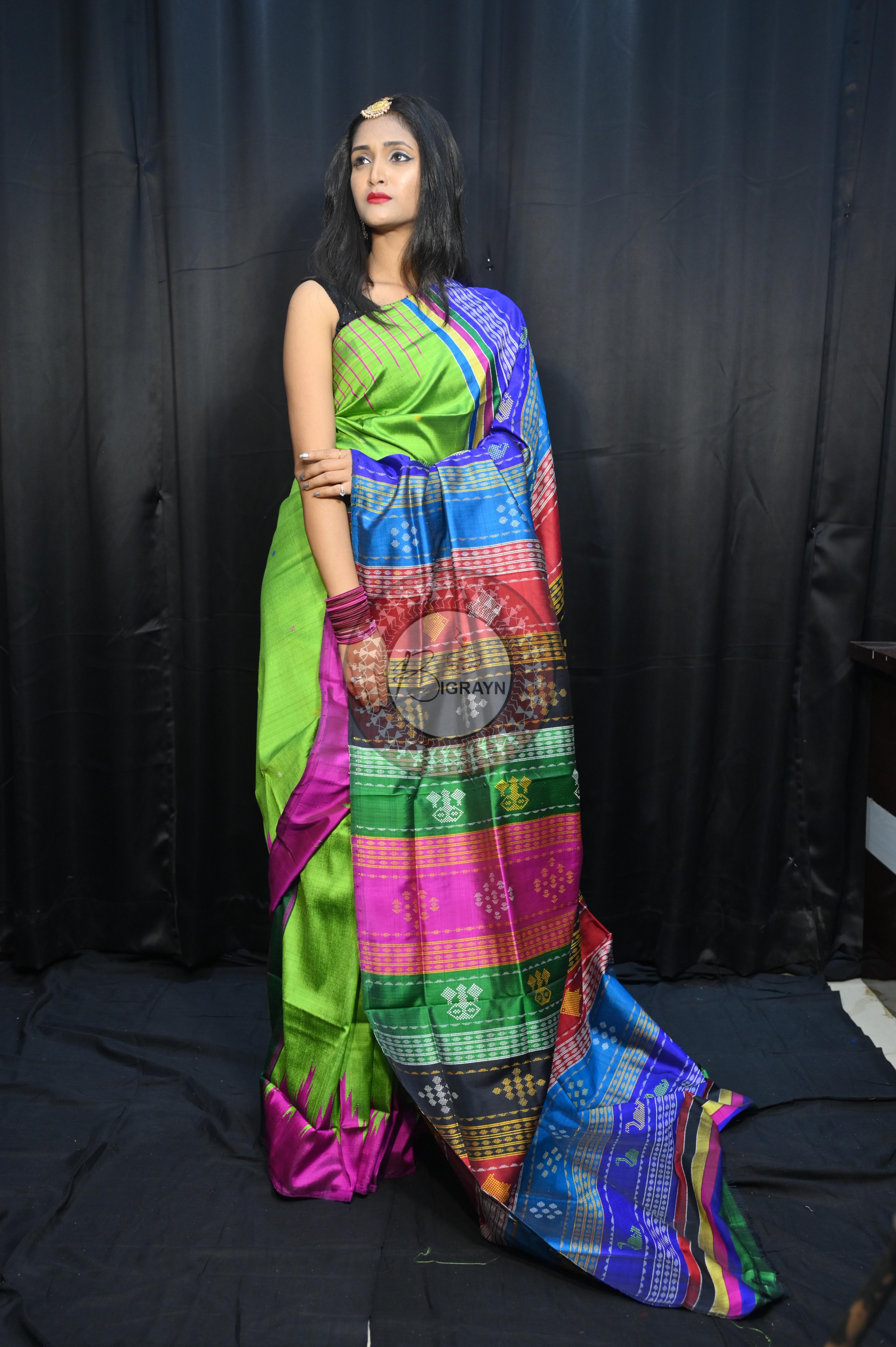 Parrot Green Magenta Double Anchal Berhampuri Silk Saree