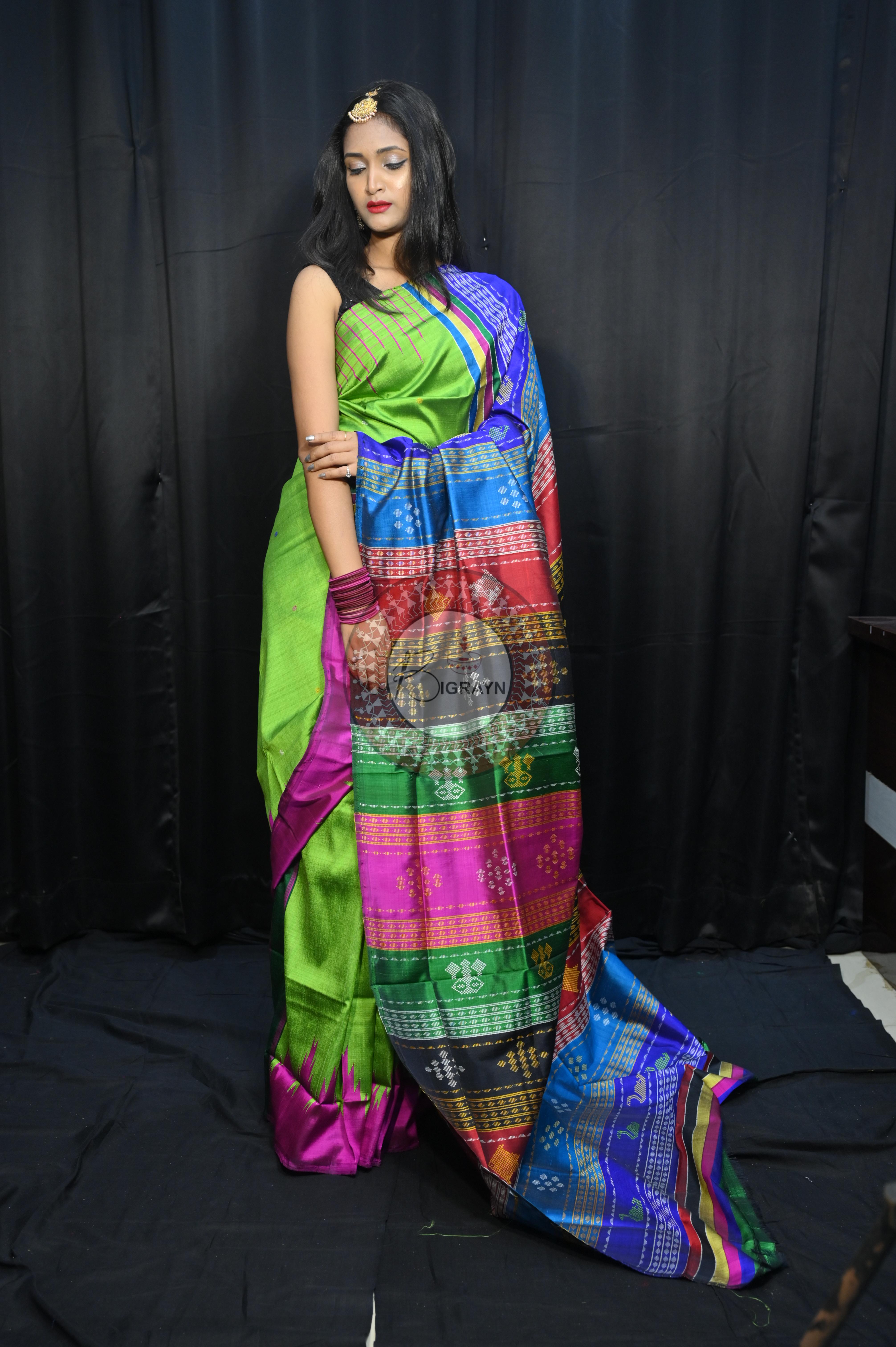 Parrot Green Magenta Double Anchal Berhampuri Silk Saree