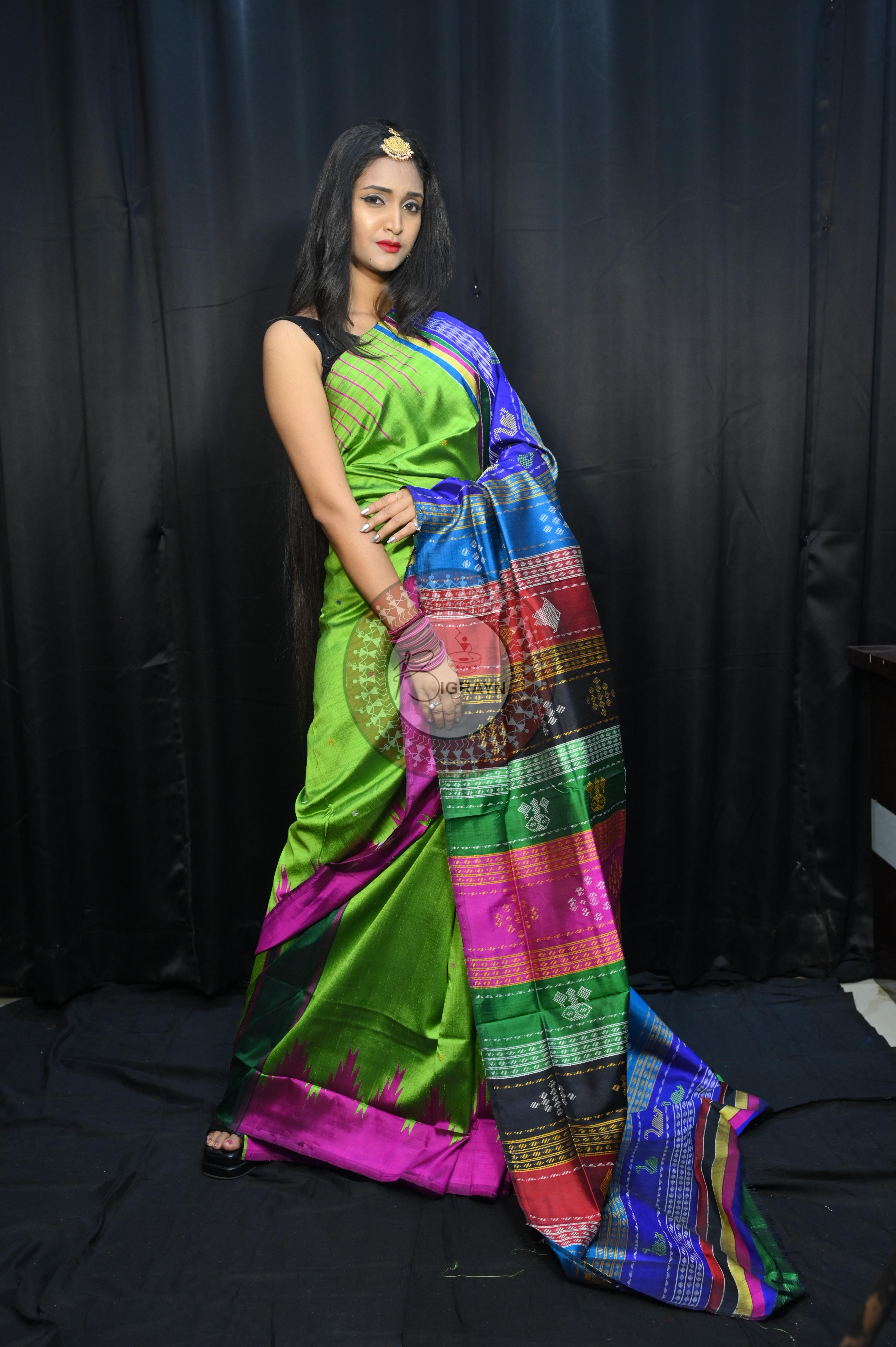 Parrot Green Magenta Double Anchal Berhampuri Silk Saree