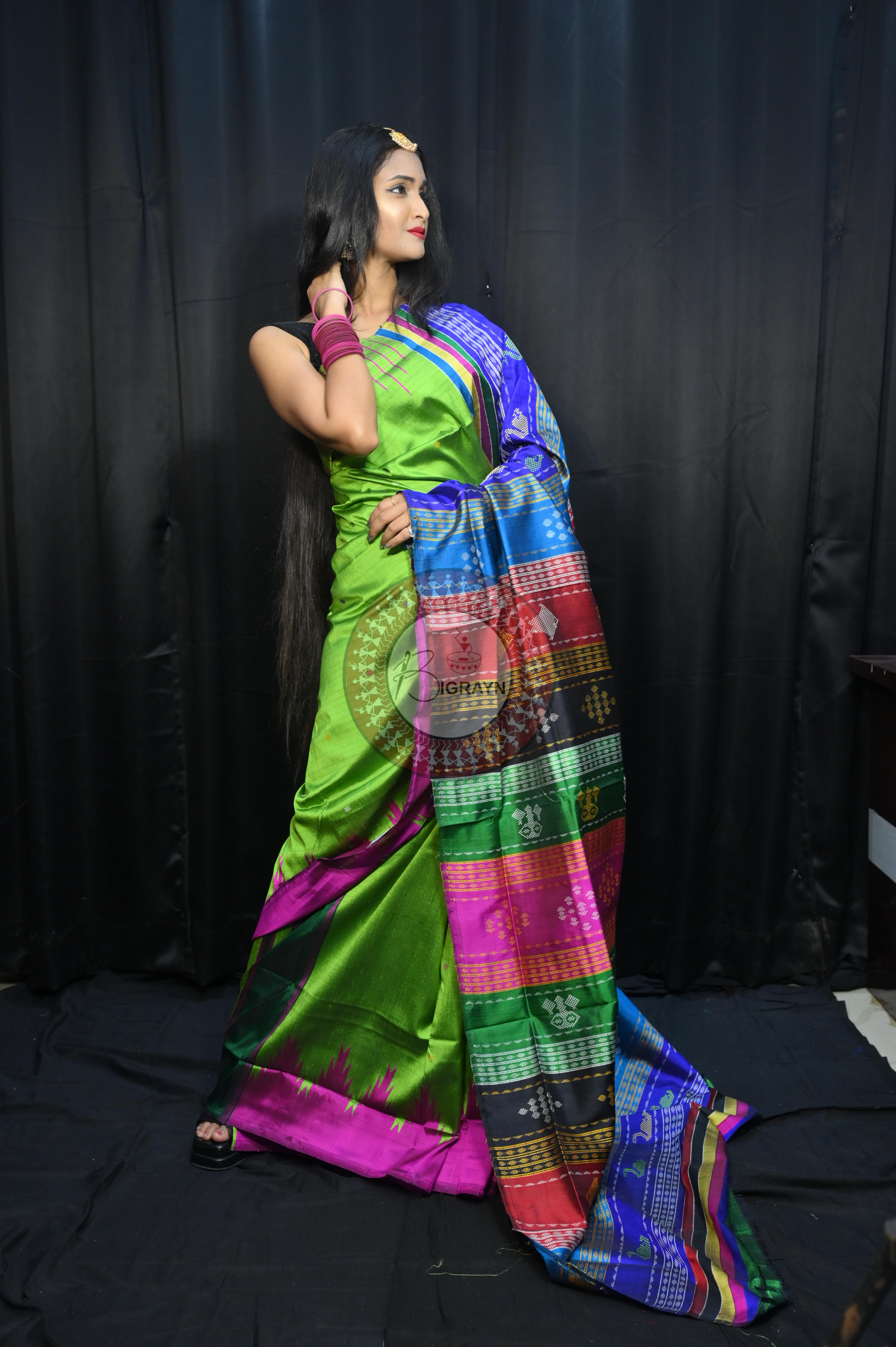 Parrot Green Magenta Double Anchal Berhampuri Silk Saree