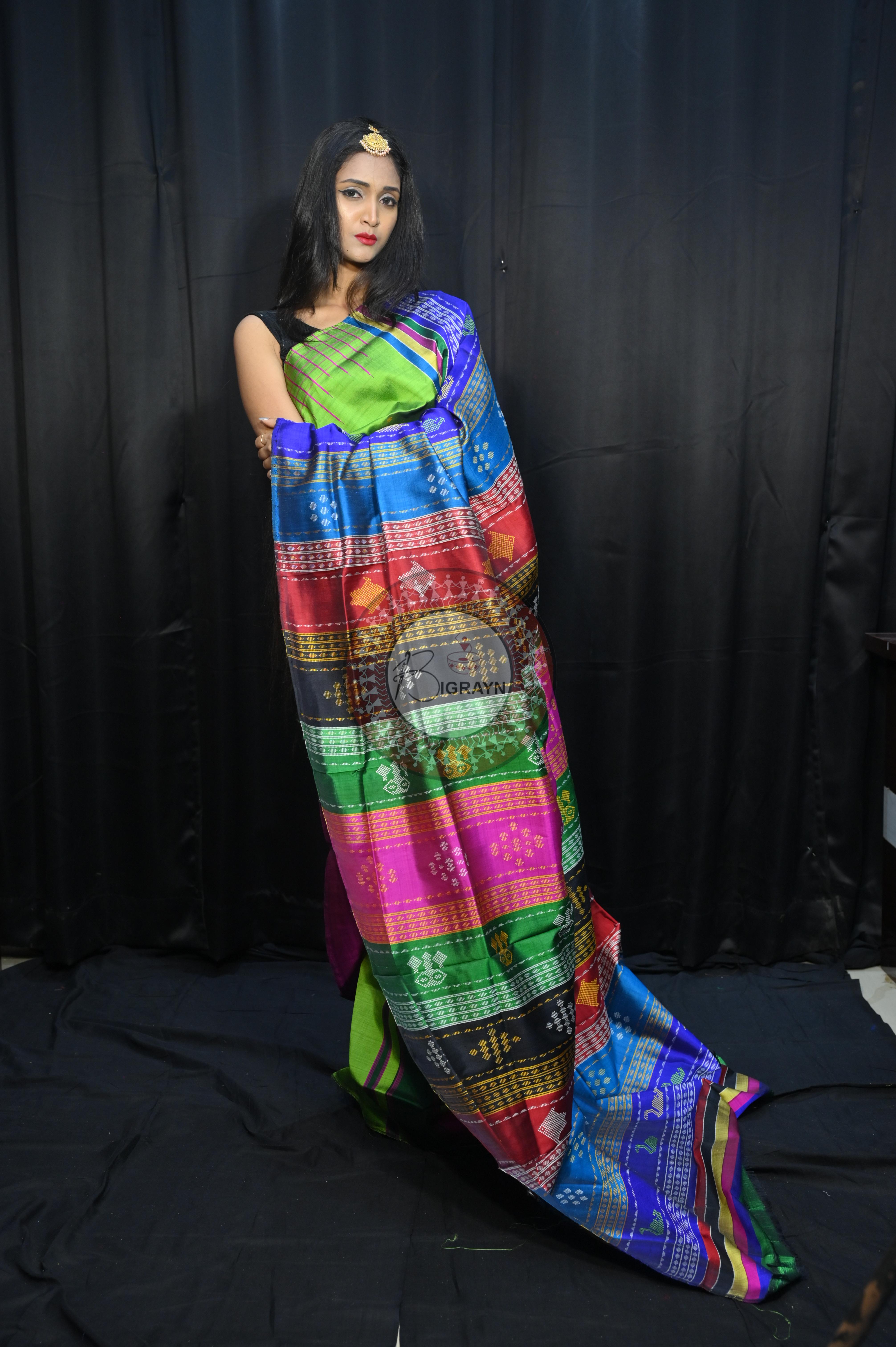 Parrot Green Magenta Double Anchal Berhampuri Silk Saree