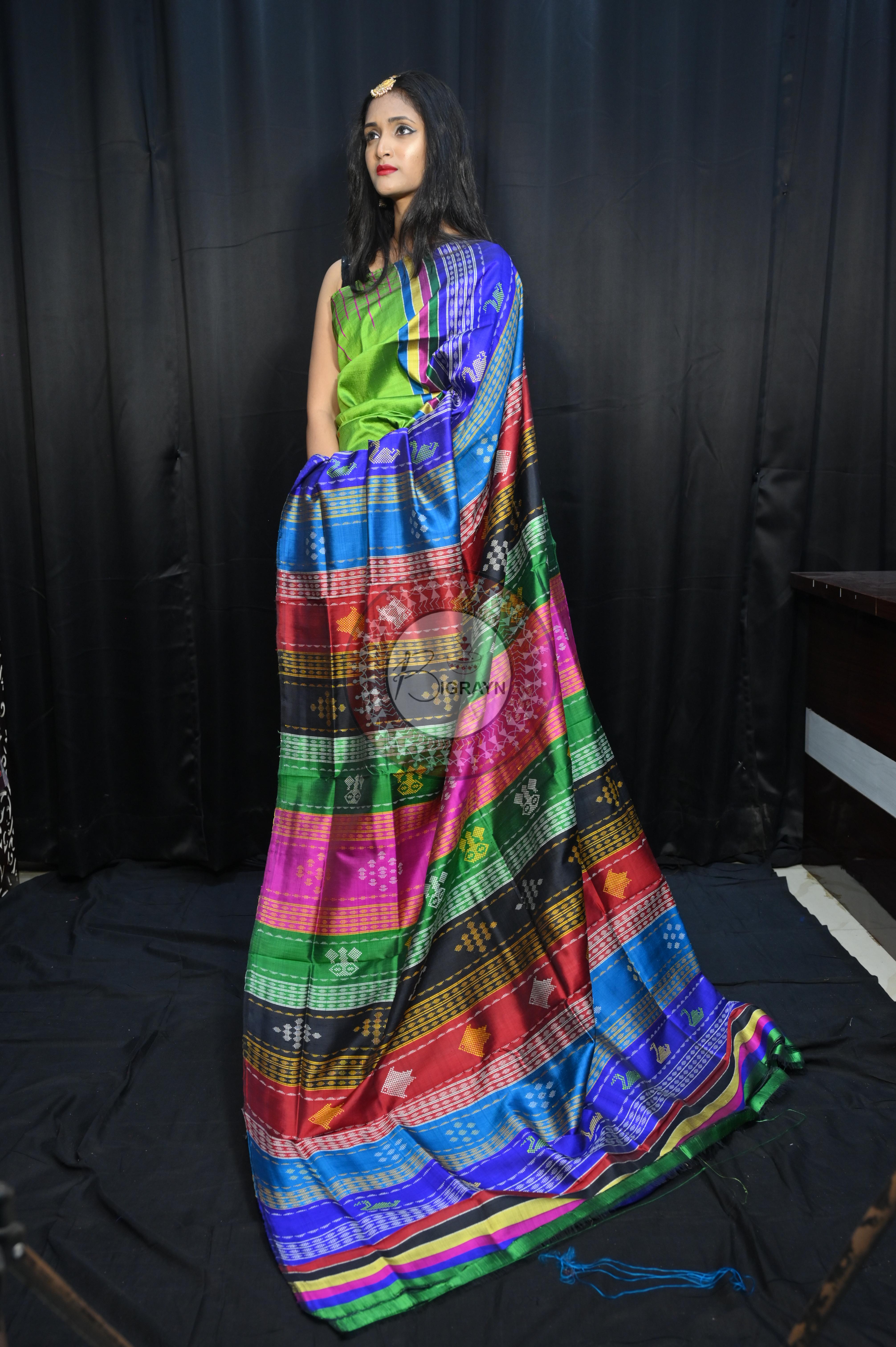 Parrot Green Magenta Double Anchal Berhampuri Silk Saree