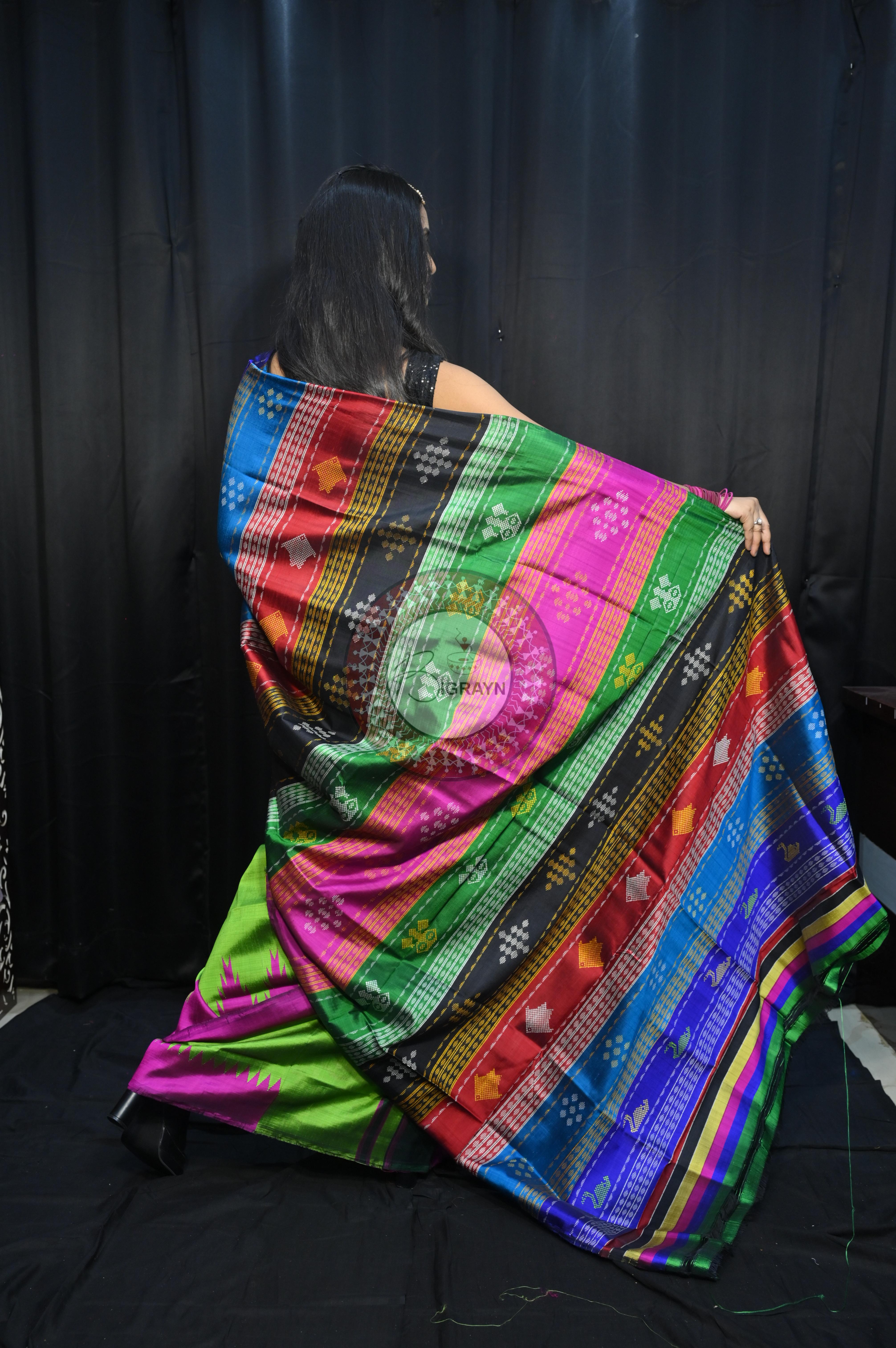 Parrot Green Magenta Double Anchal Berhampuri Silk Saree