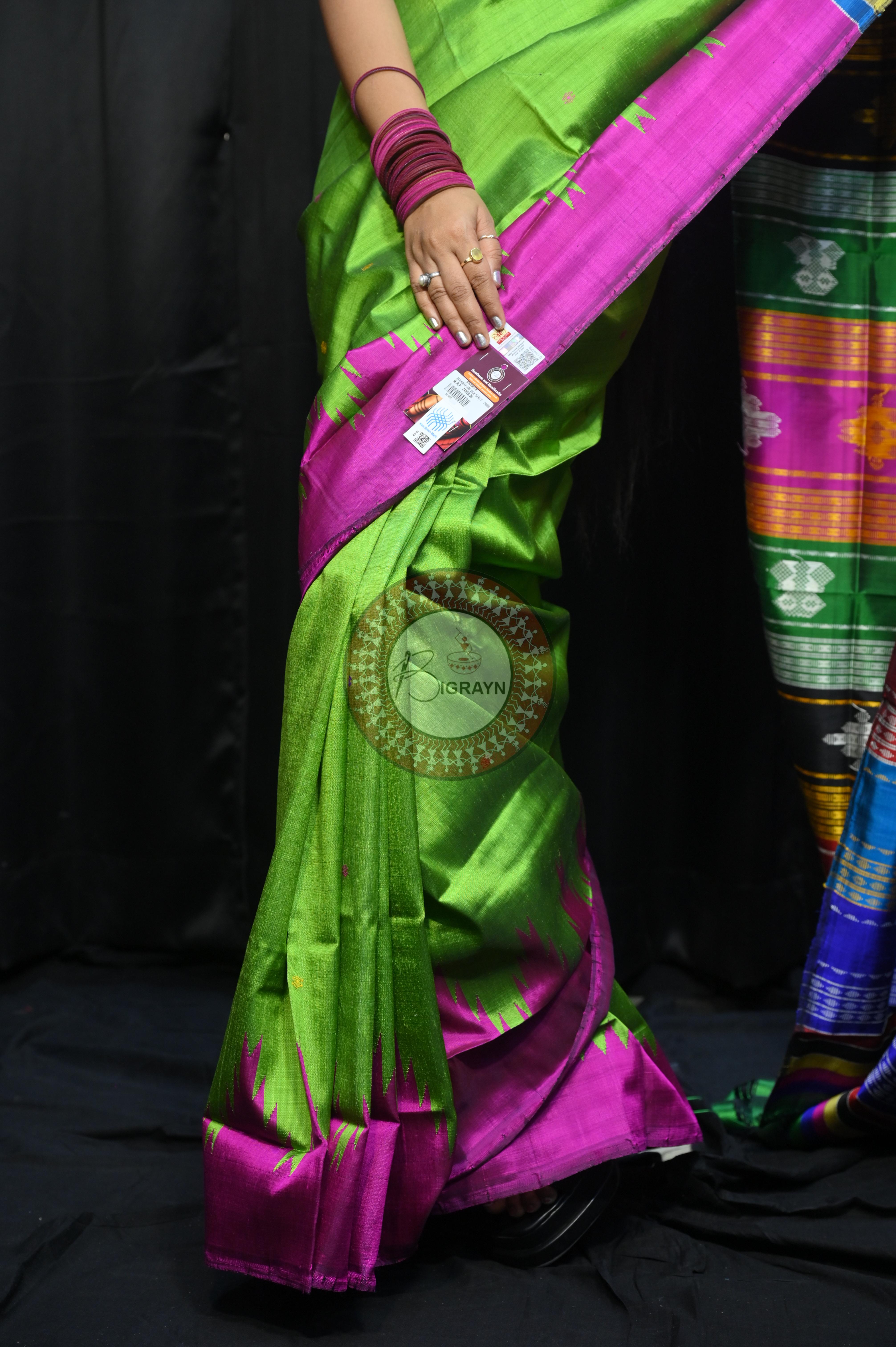 Parrot Green Magenta Double Anchal Berhampuri Silk Saree
