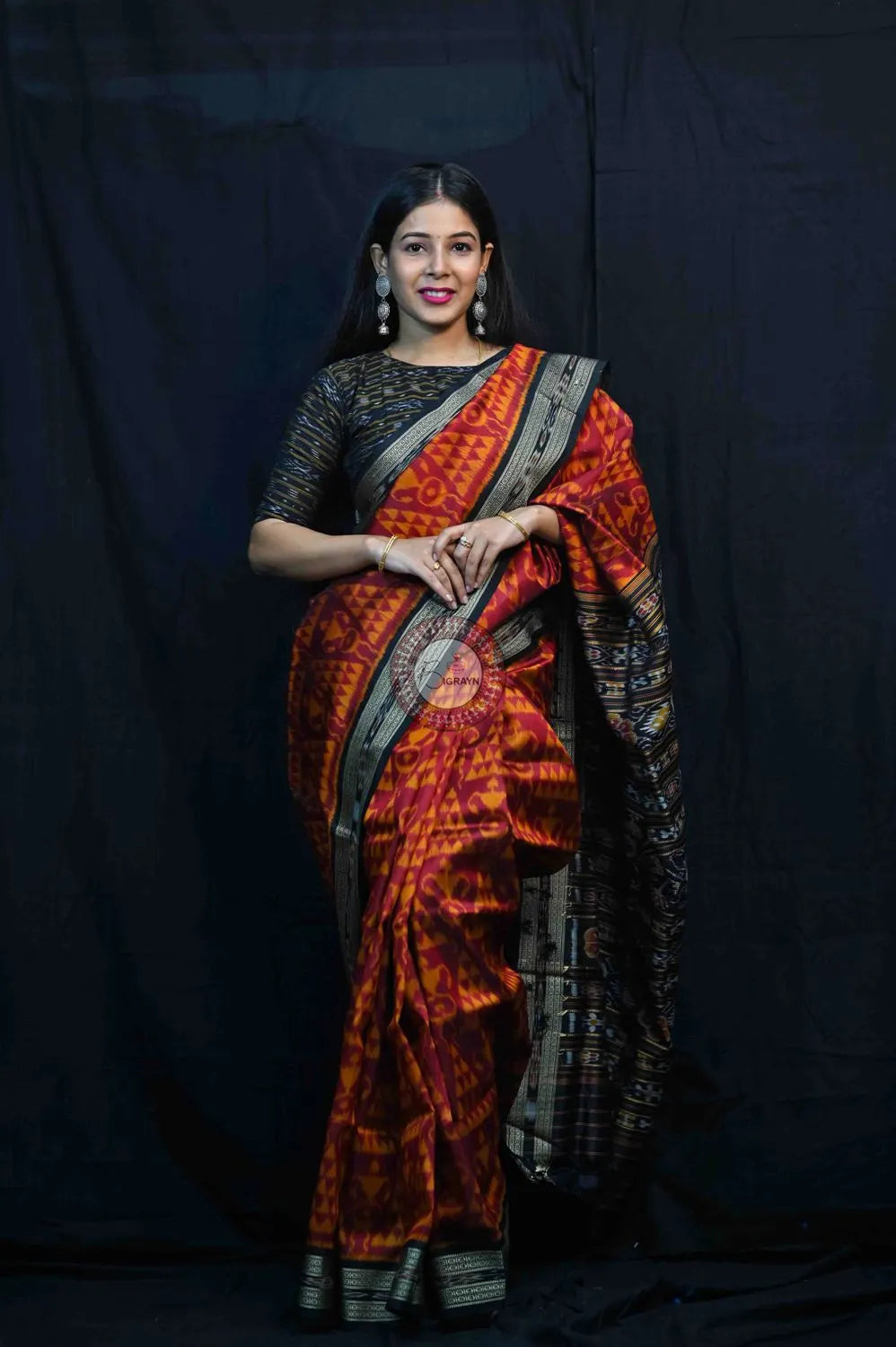 Maroon Black Tribal Chitta Khandua Silk