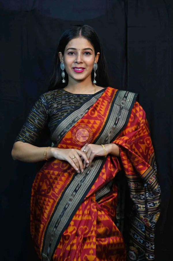 Maroon Black Tribal Chitta Khandua Silk
