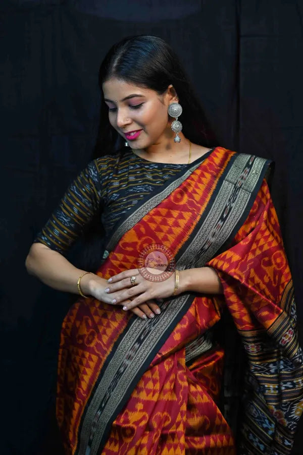 Maroon Black Tribal Chitta Khandua Silk