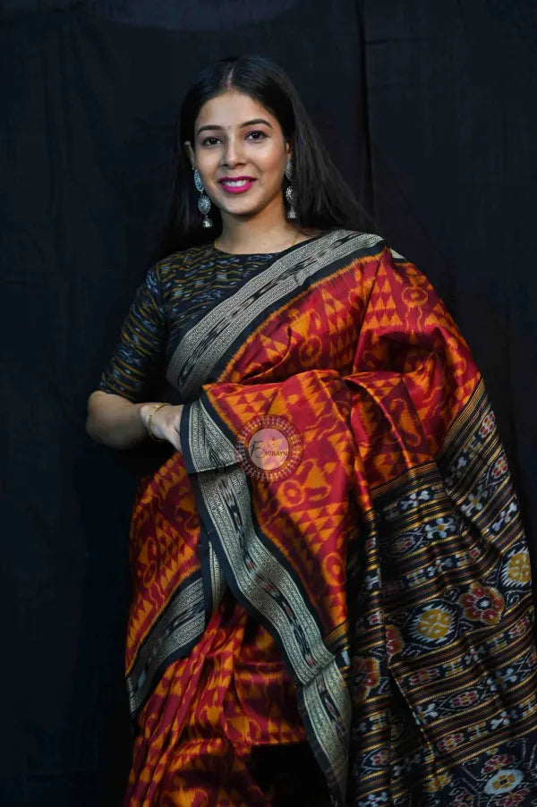Maroon Black Tribal Chitta Khandua Silk