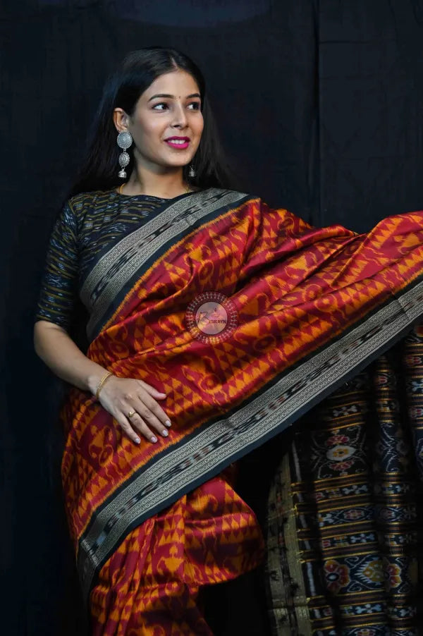 Maroon Black Tribal Chitta Khandua Silk