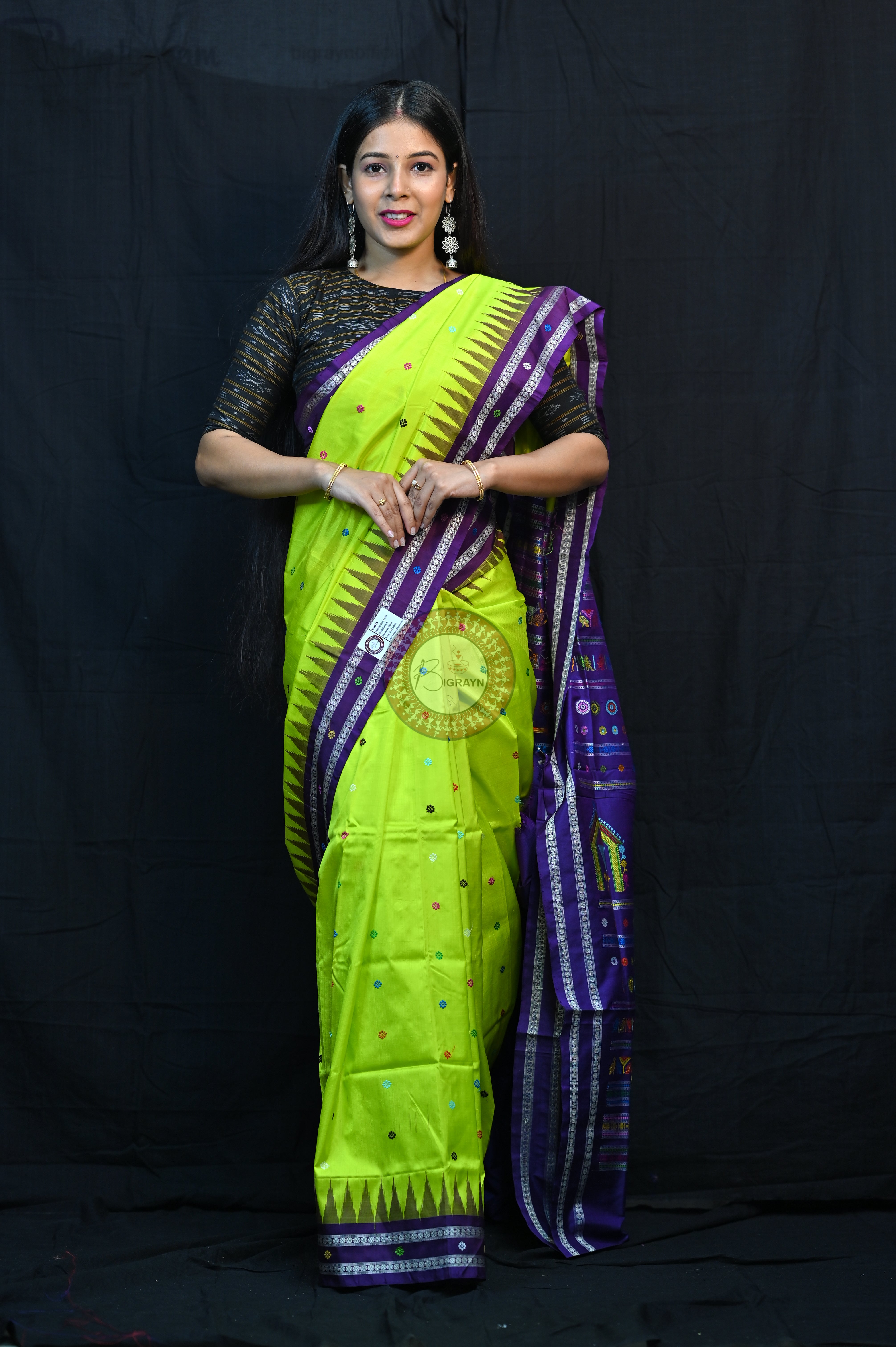 Neon Green Violet Dolabedi Silk Saree