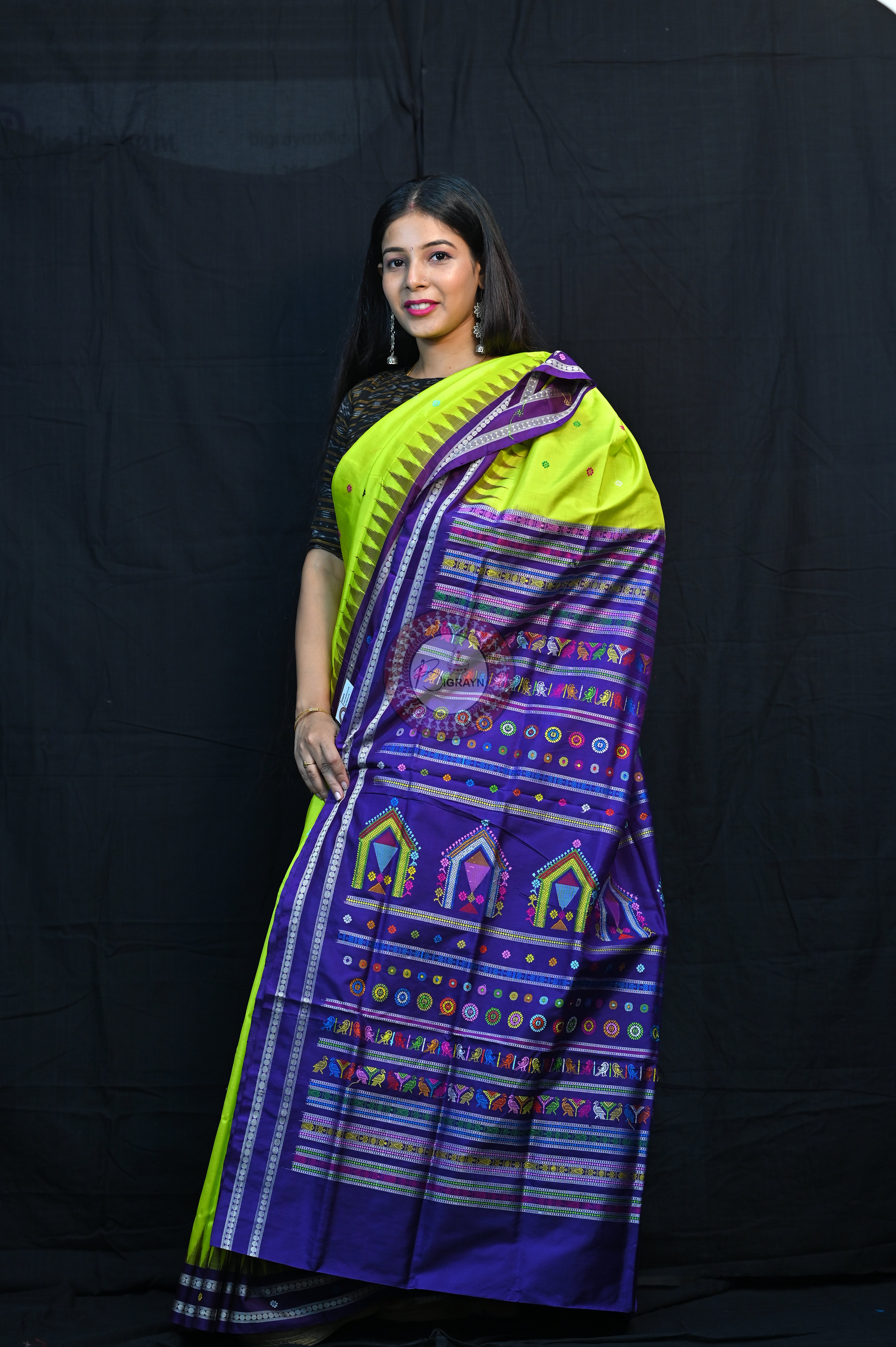 Neon Green Violet Dolabedi Silk Saree