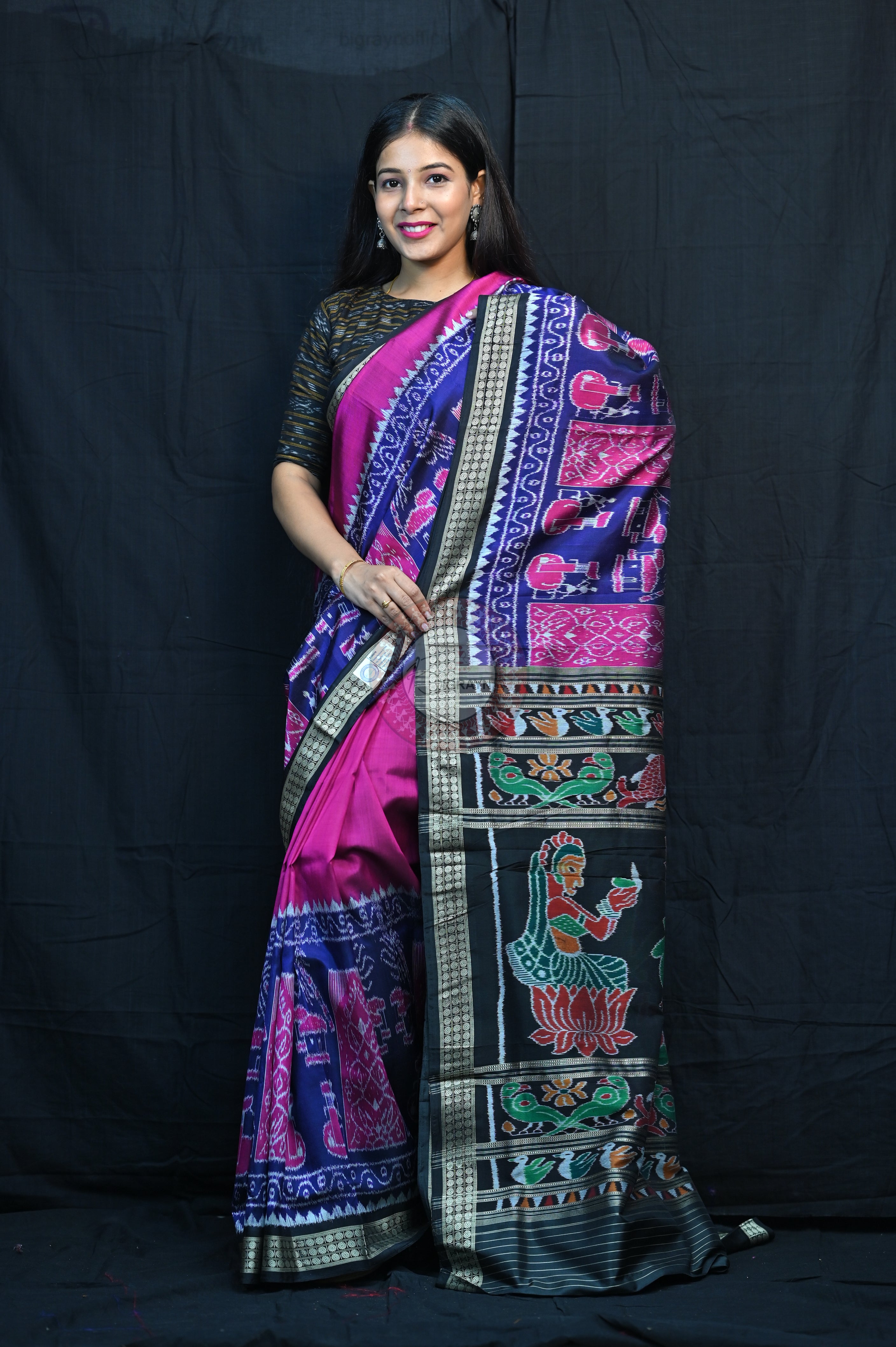 Purple Blue Black Village Mulberry Silk Saree