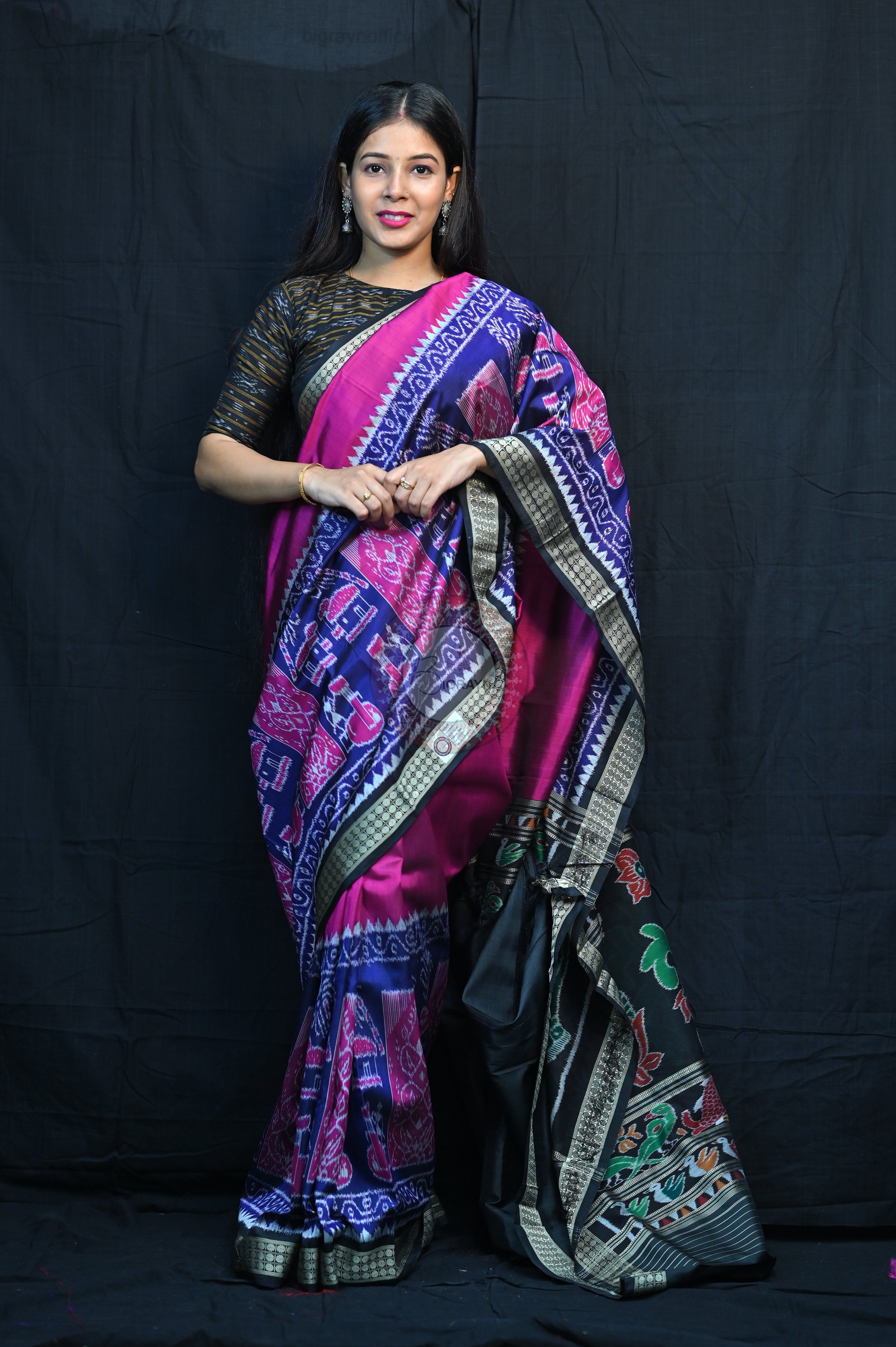 Purple Blue Black Village Mulberry Silk Saree