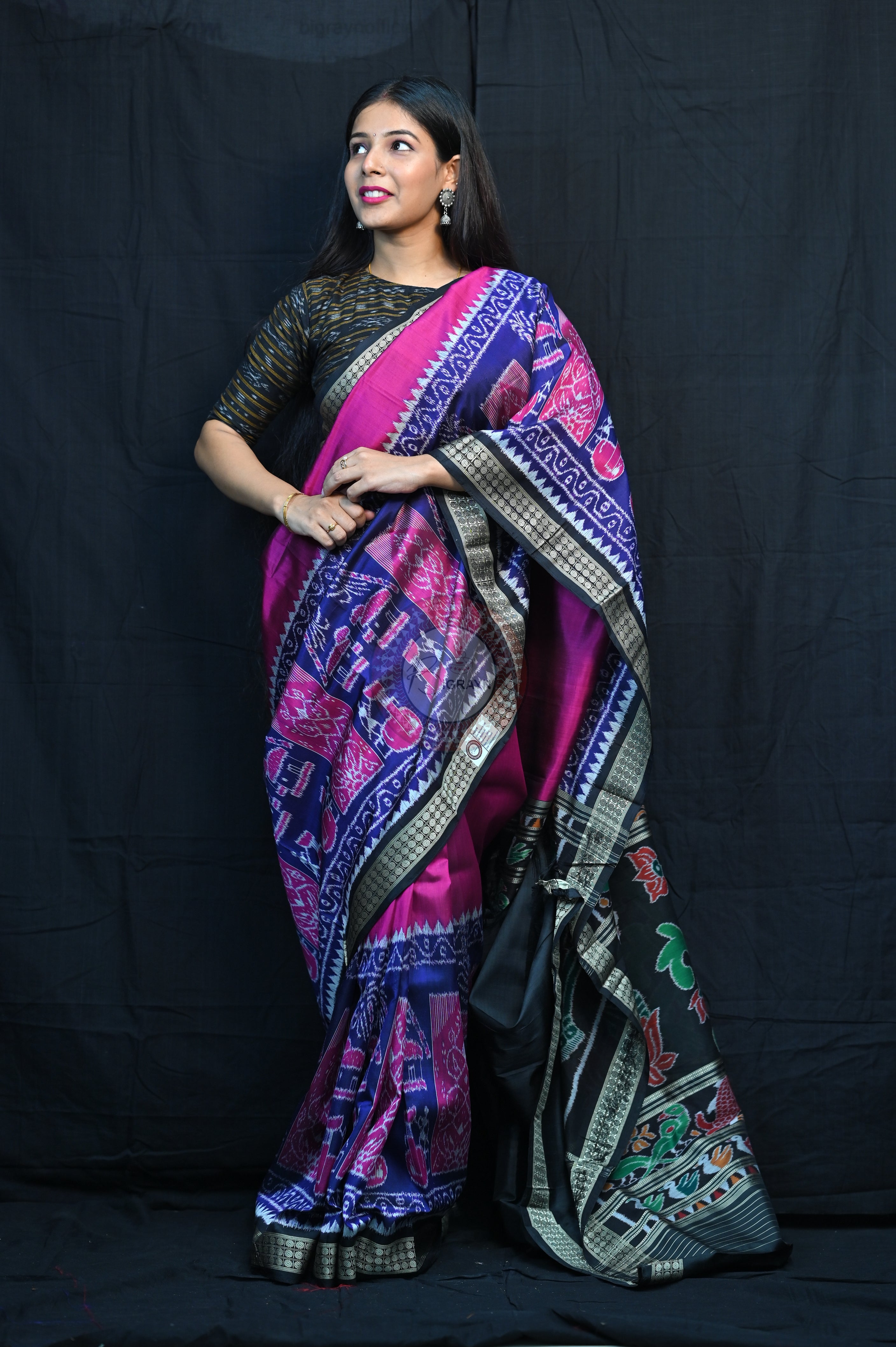Purple Blue Black Village Mulberry Silk Saree