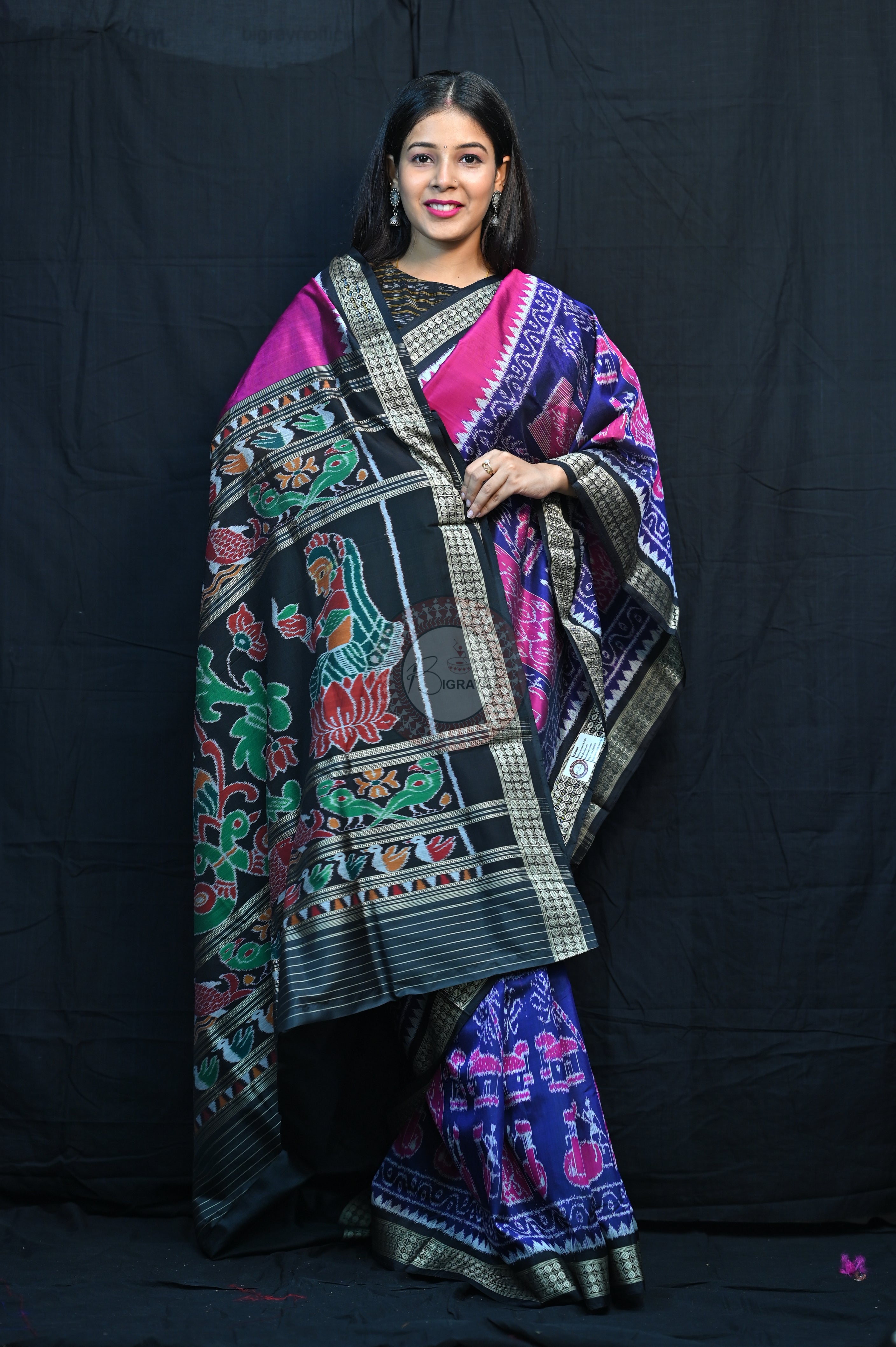 Purple Blue Black Village Mulberry Silk Saree