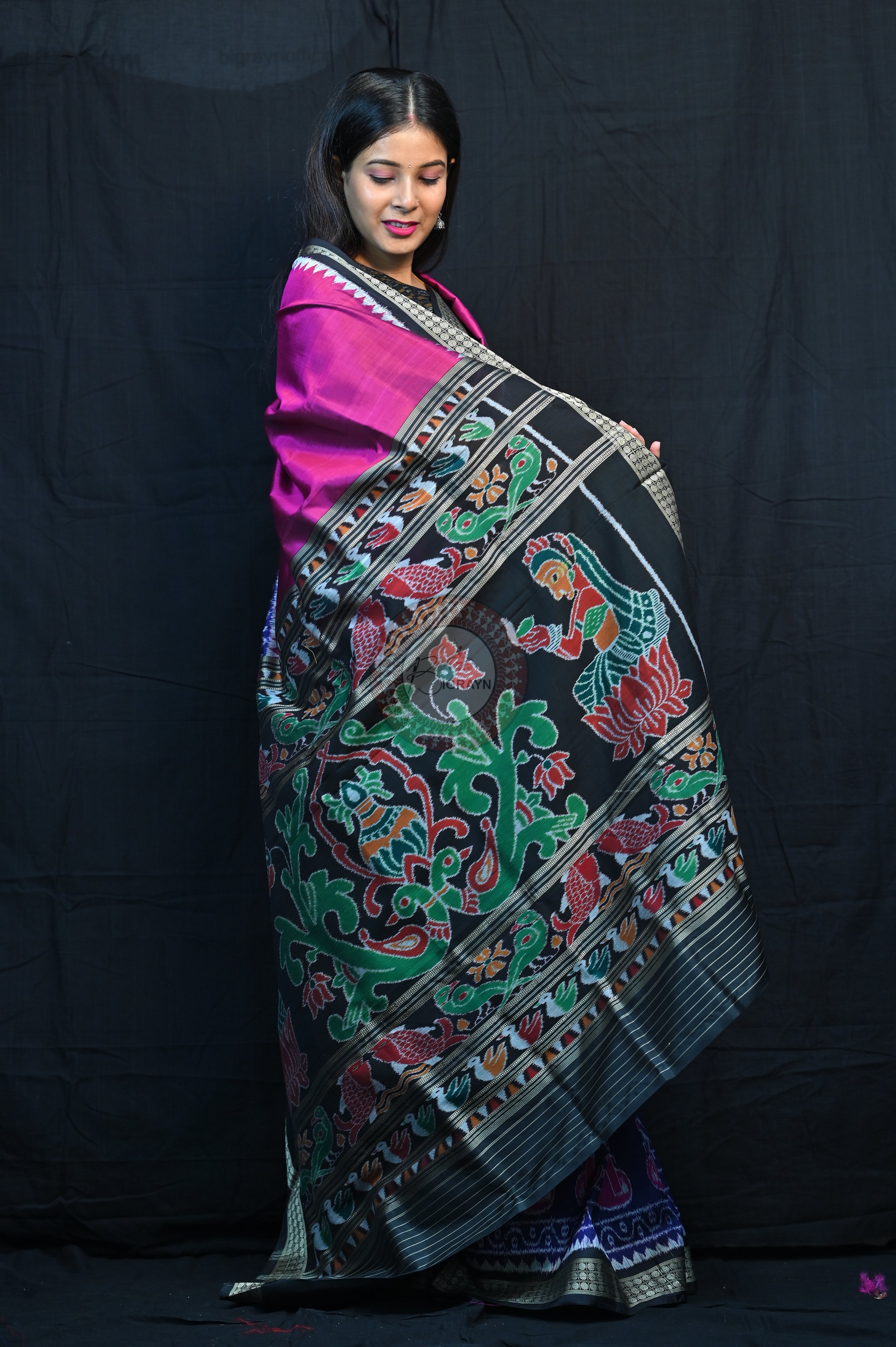 Purple Blue Black Village Mulberry Silk Saree