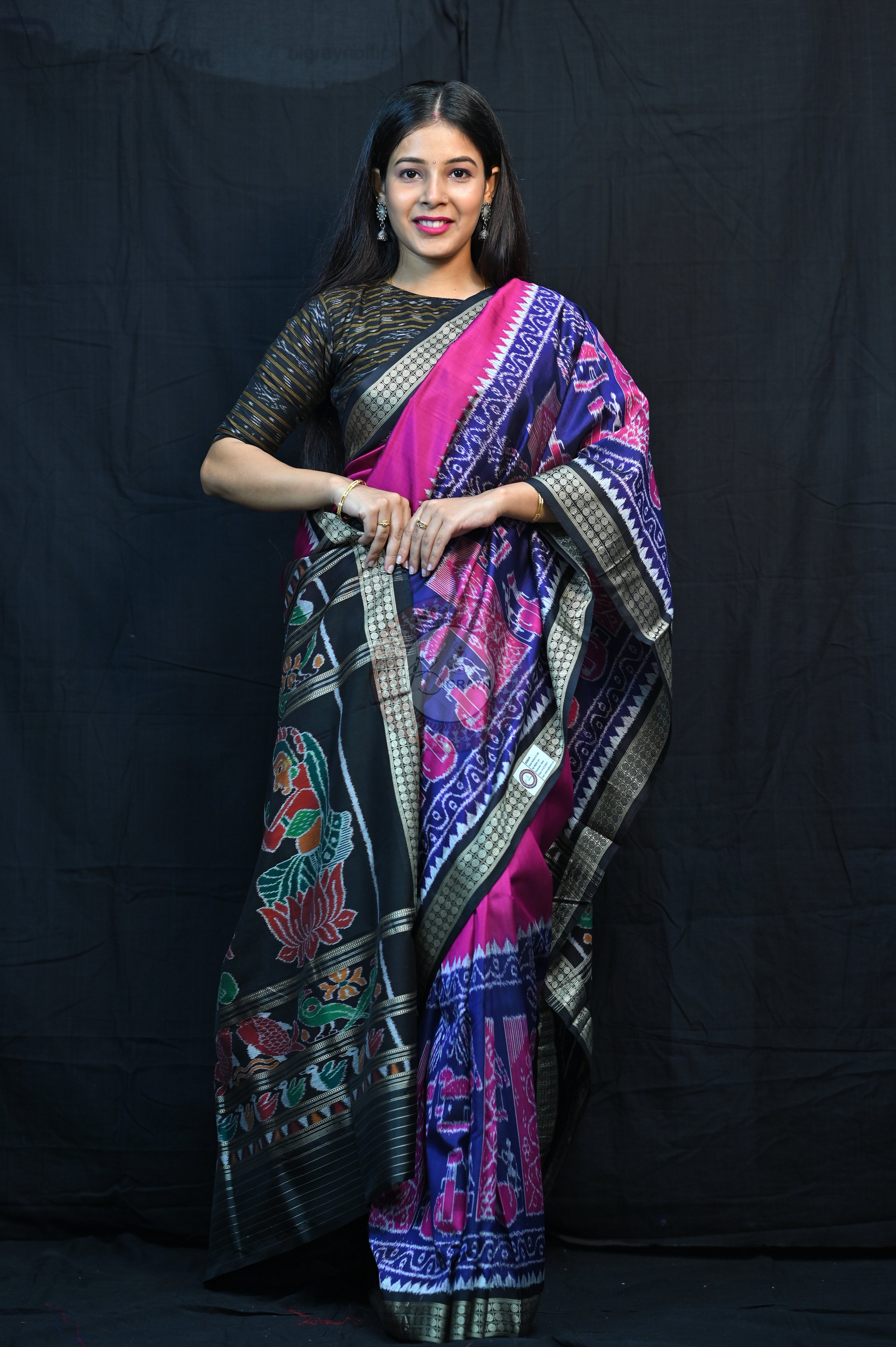 Purple Blue Black Village Mulberry Silk Saree