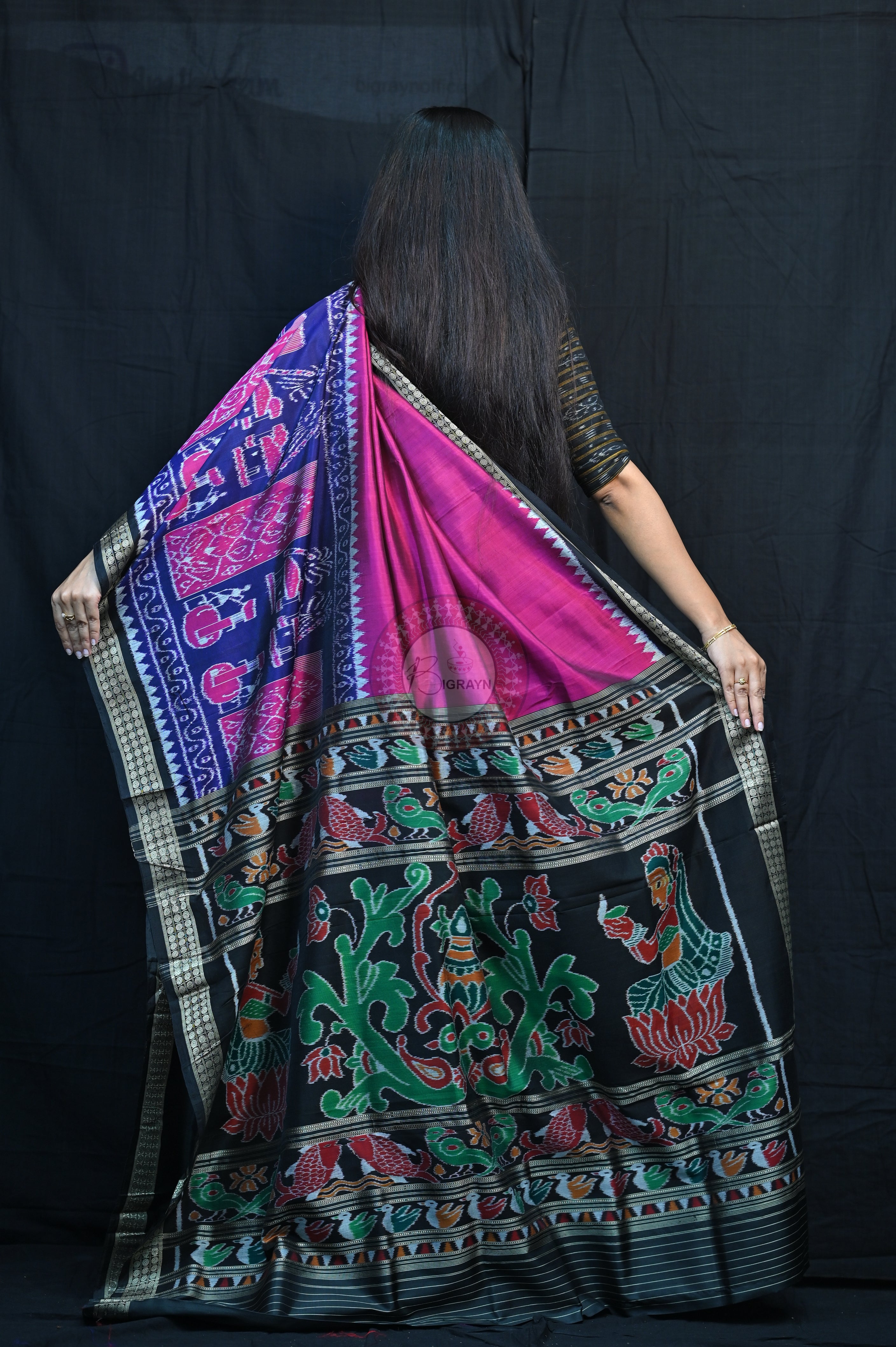 Purple Blue Black Village Mulberry Silk Saree