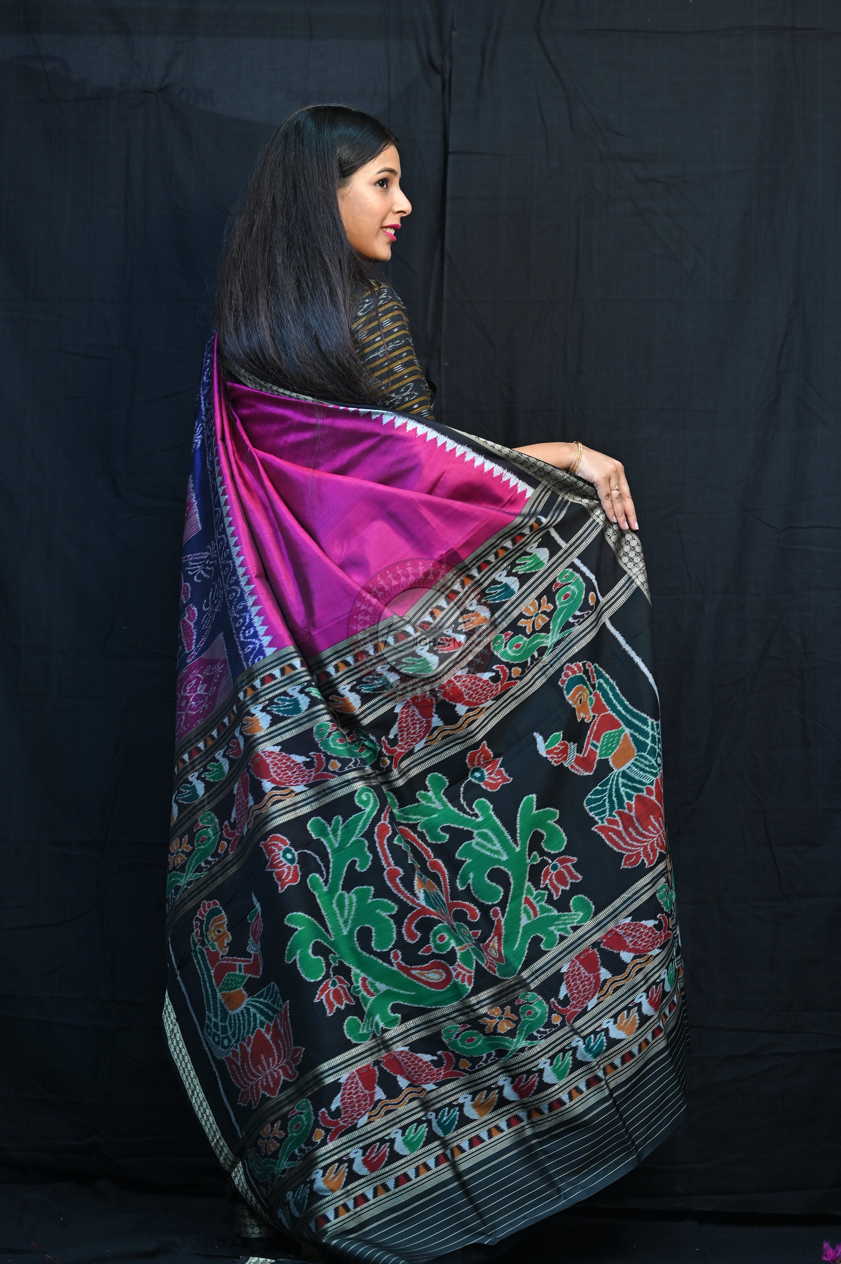 Purple Blue Black Village Mulberry Silk Saree