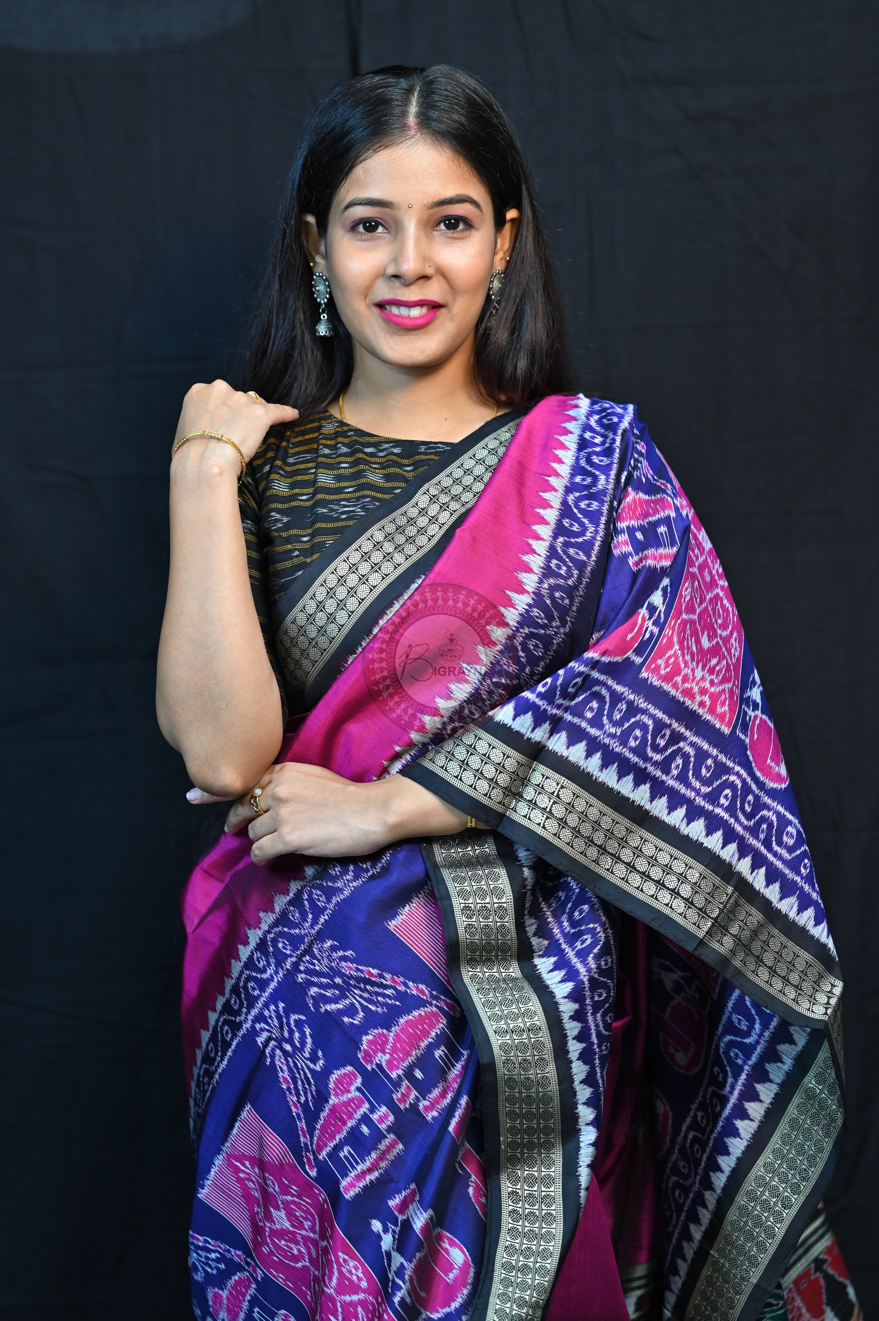 Purple Blue Black Village Mulberry Silk Saree