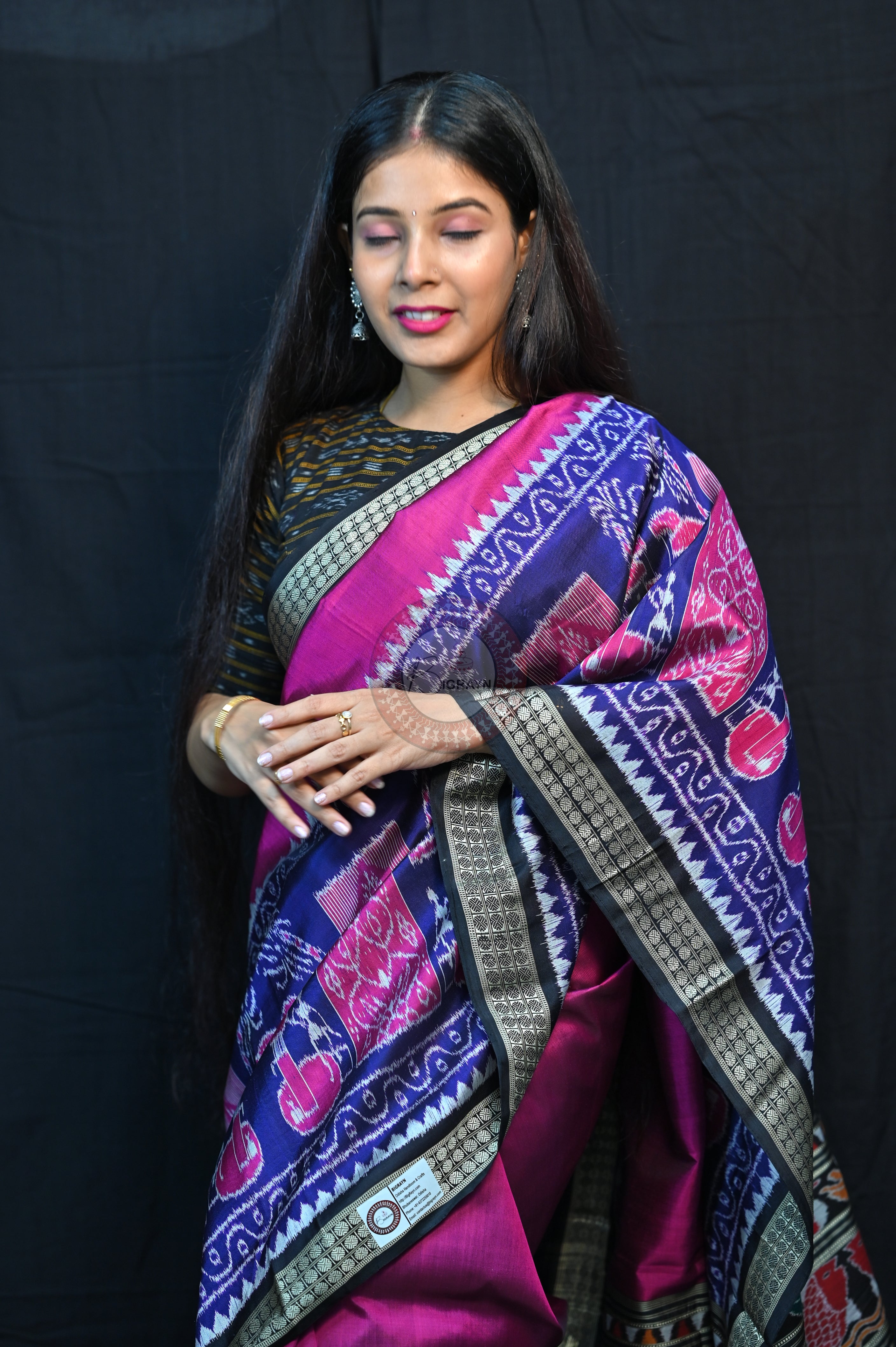 Purple Blue Black Village Mulberry Silk Saree