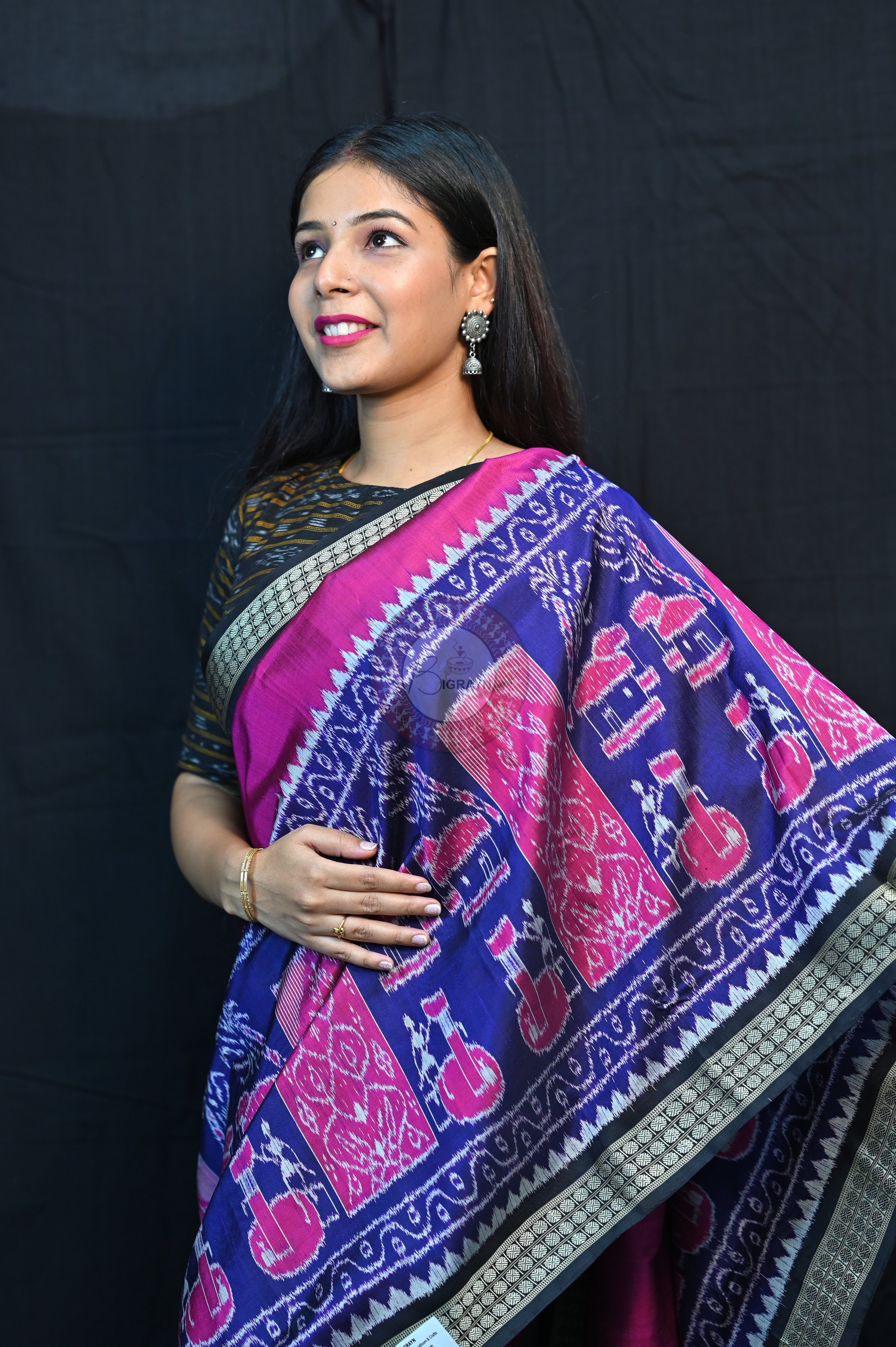 Purple Blue Black Village Mulberry Silk Saree