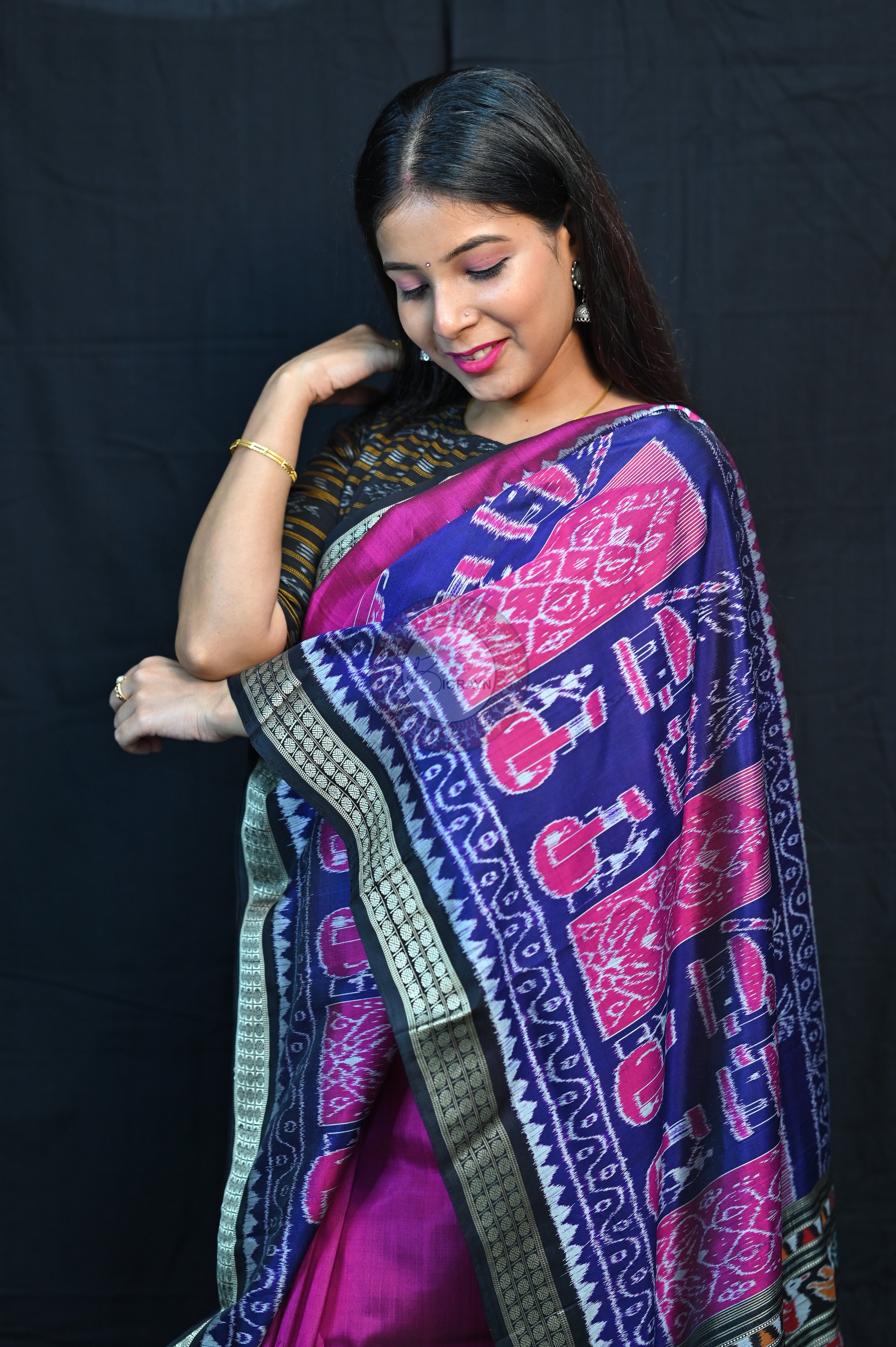 Purple Blue Black Village Mulberry Silk Saree