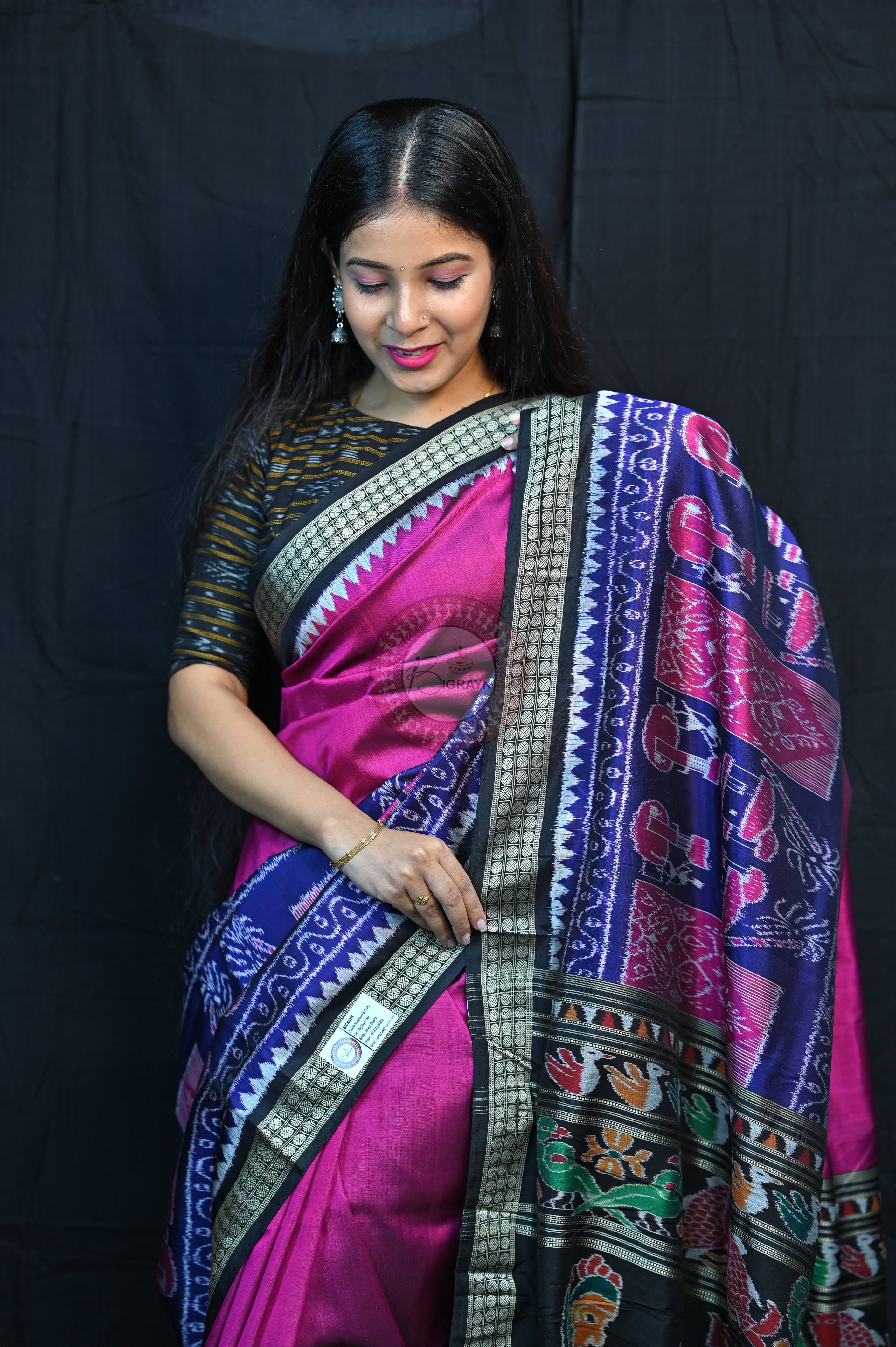 Purple Blue Black Village Mulberry Silk Saree
