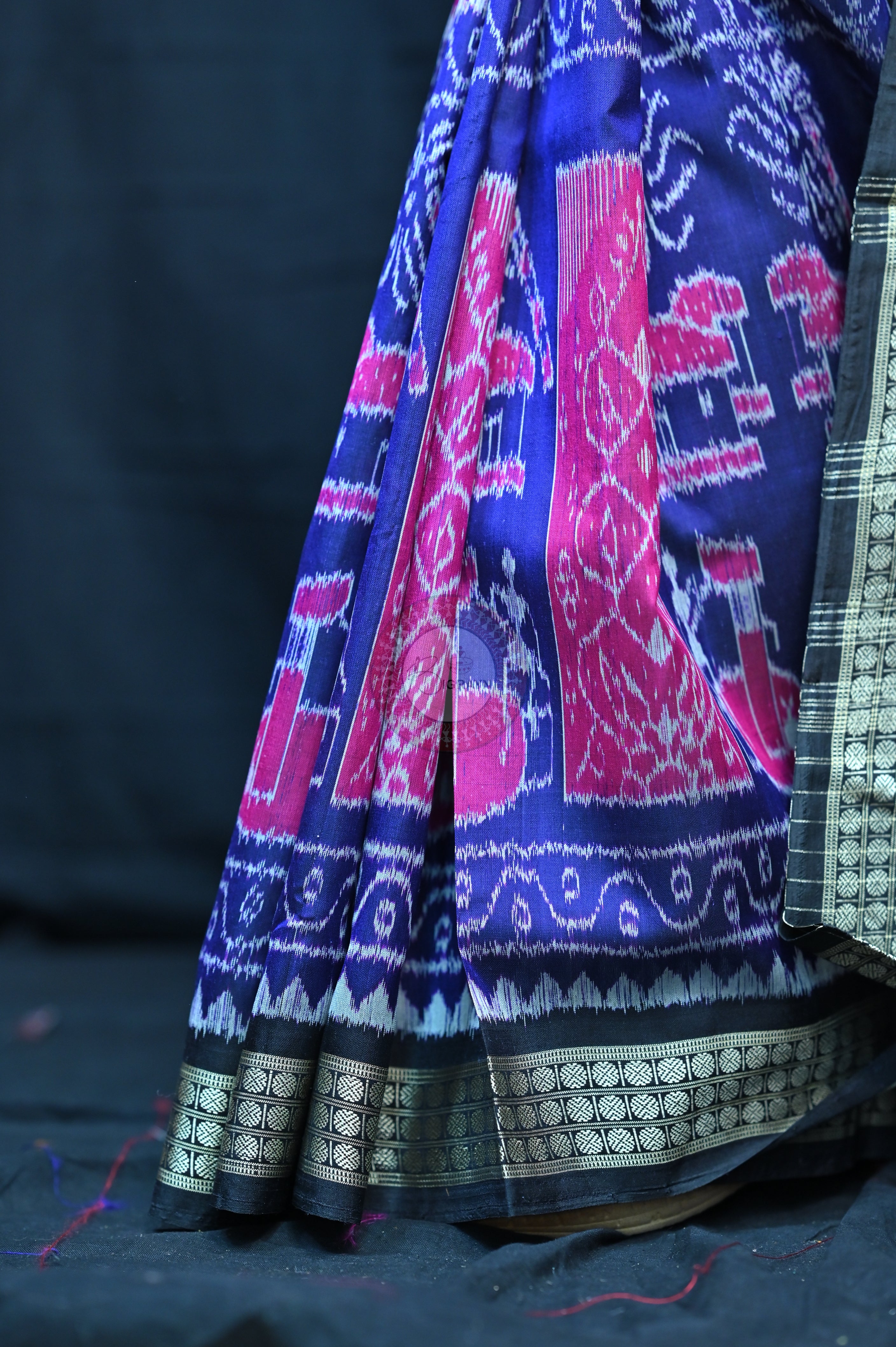 Purple Blue Black Village Mulberry Silk Saree