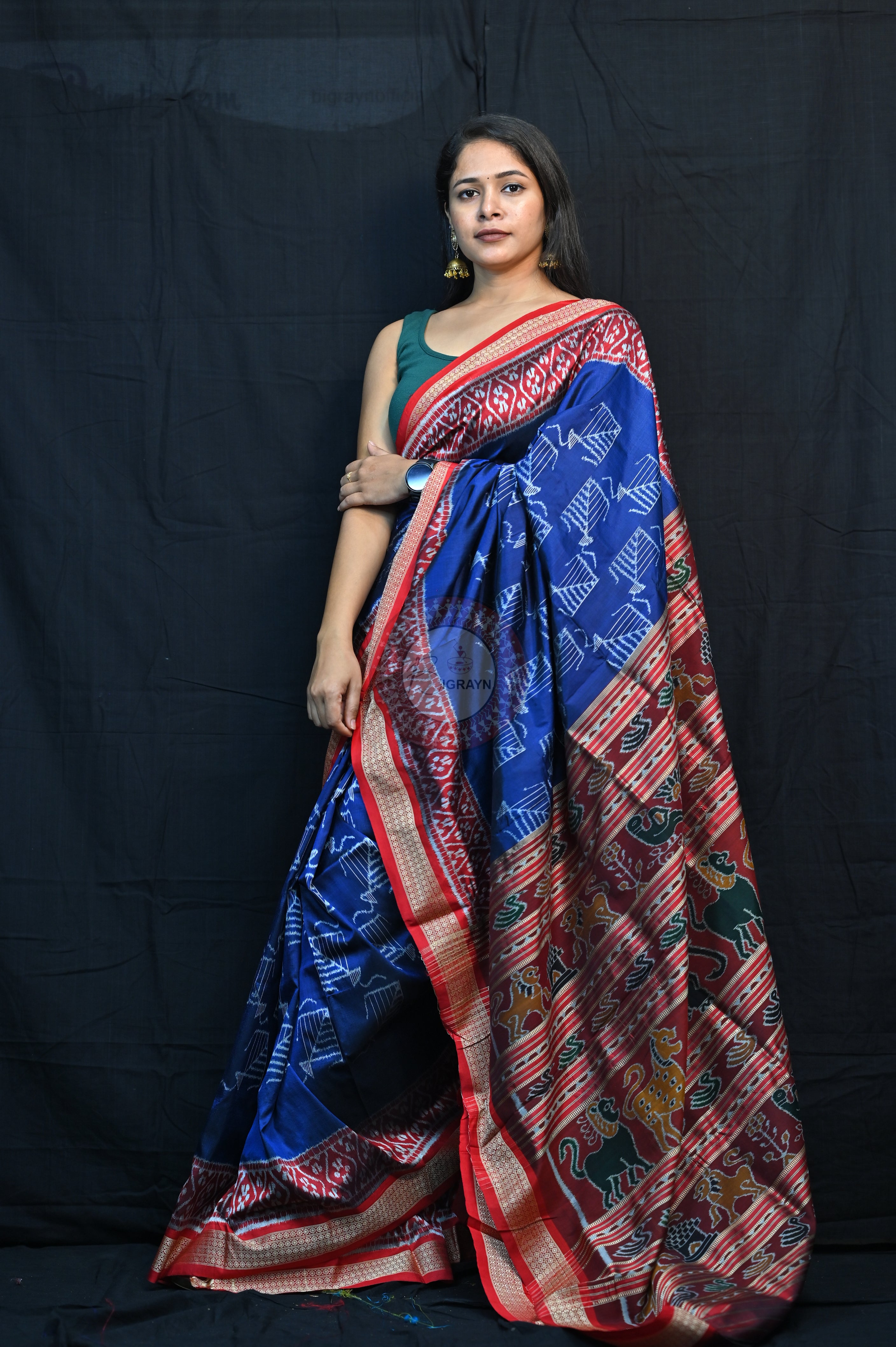 Blue Red Kites Mulberry Silk Saree