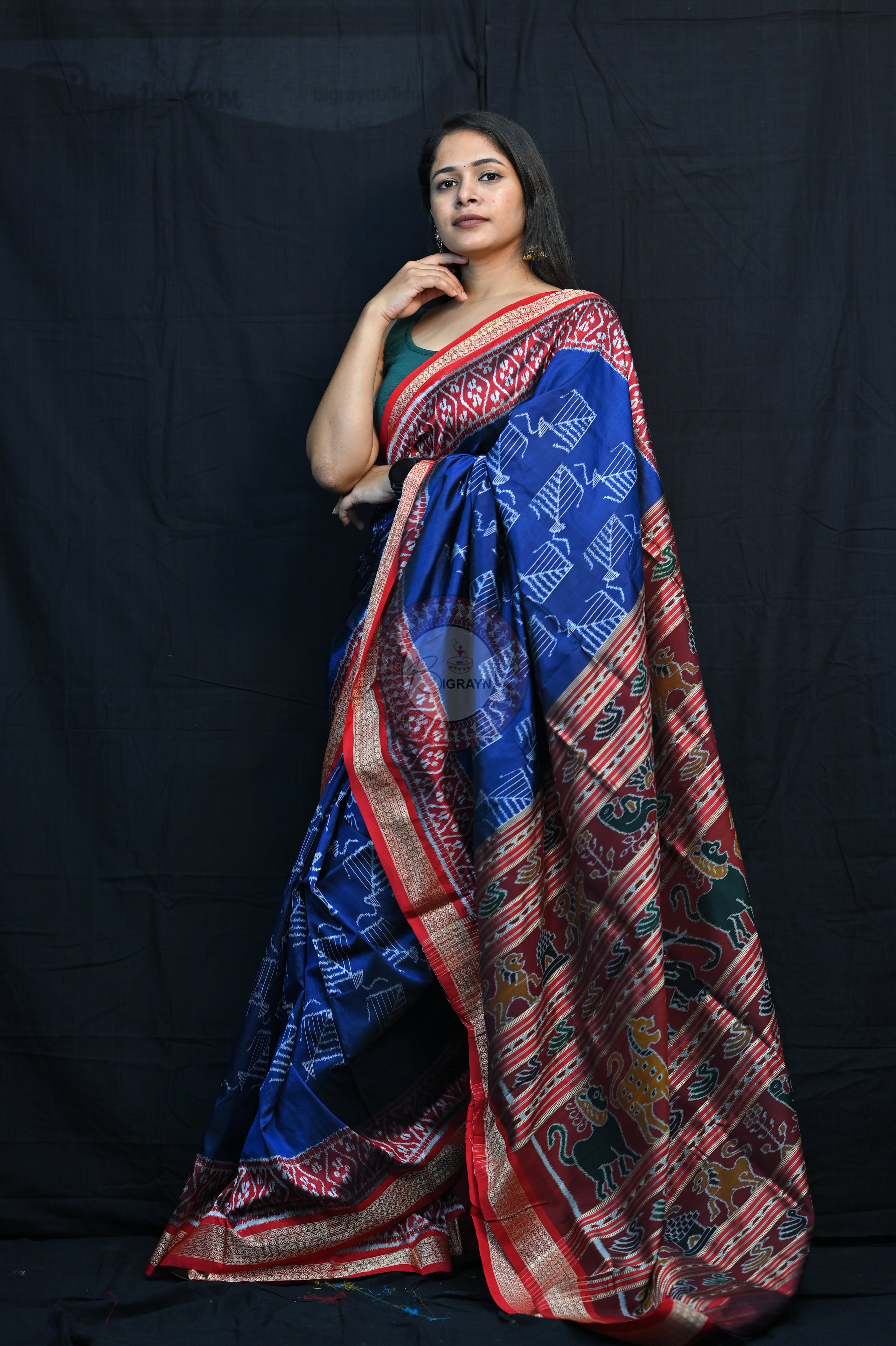 Blue Red Kites Mulberry Silk Saree