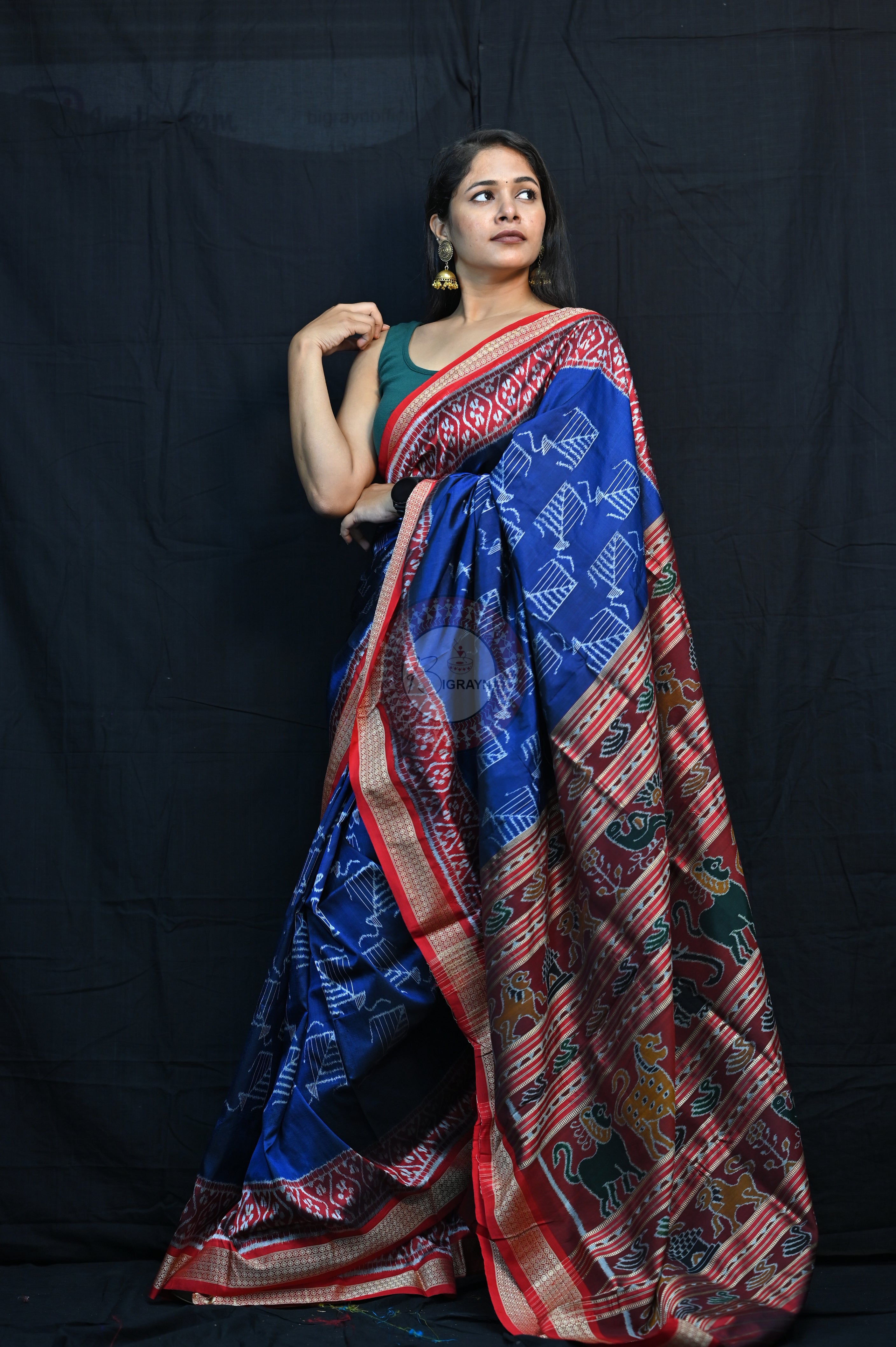 Blue Red Kites Mulberry Silk Saree