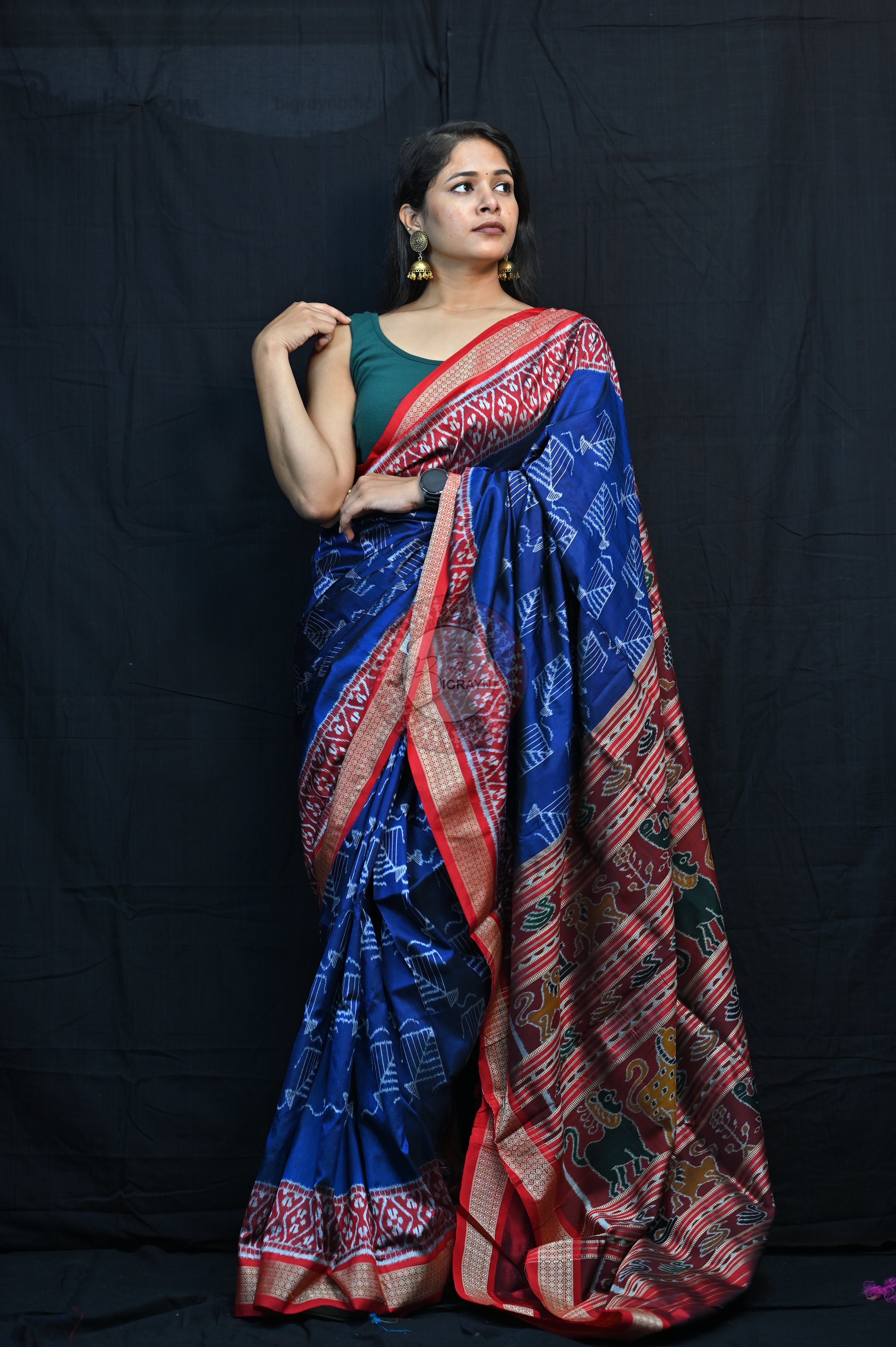 Blue Red Kites Mulberry Silk Saree