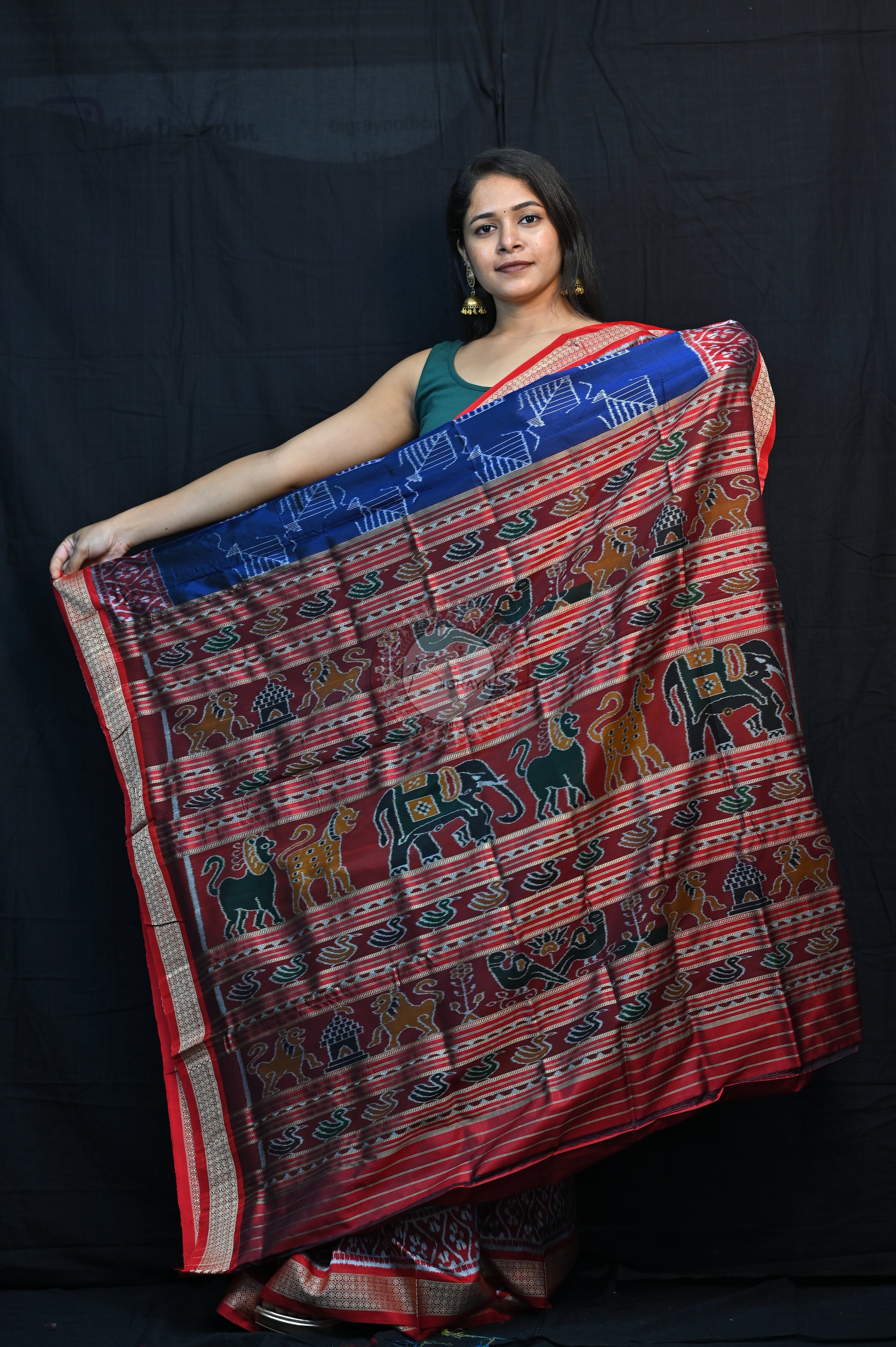 Blue Red Kites Mulberry Silk Saree