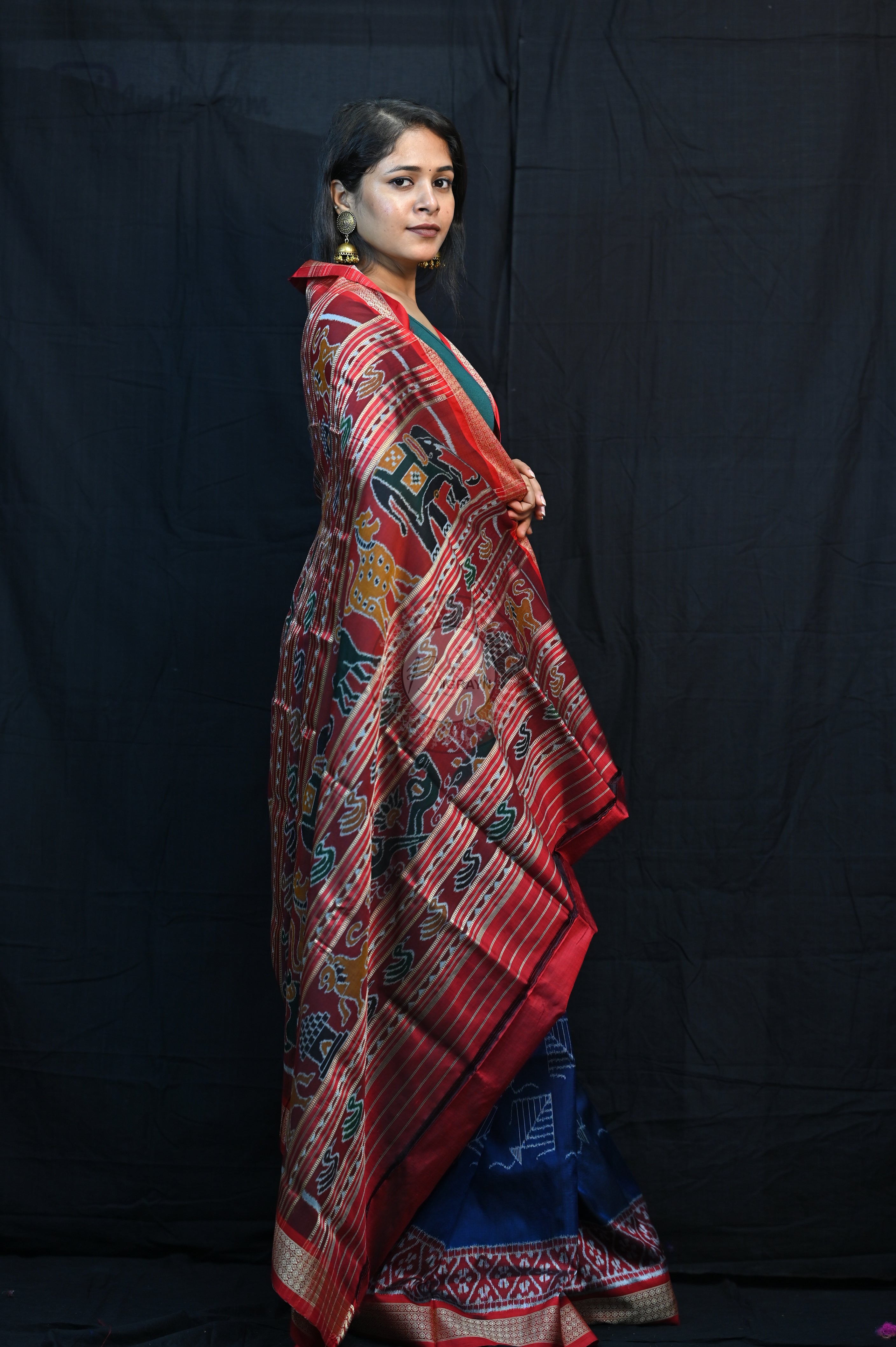 Blue Red Kites Mulberry Silk Saree