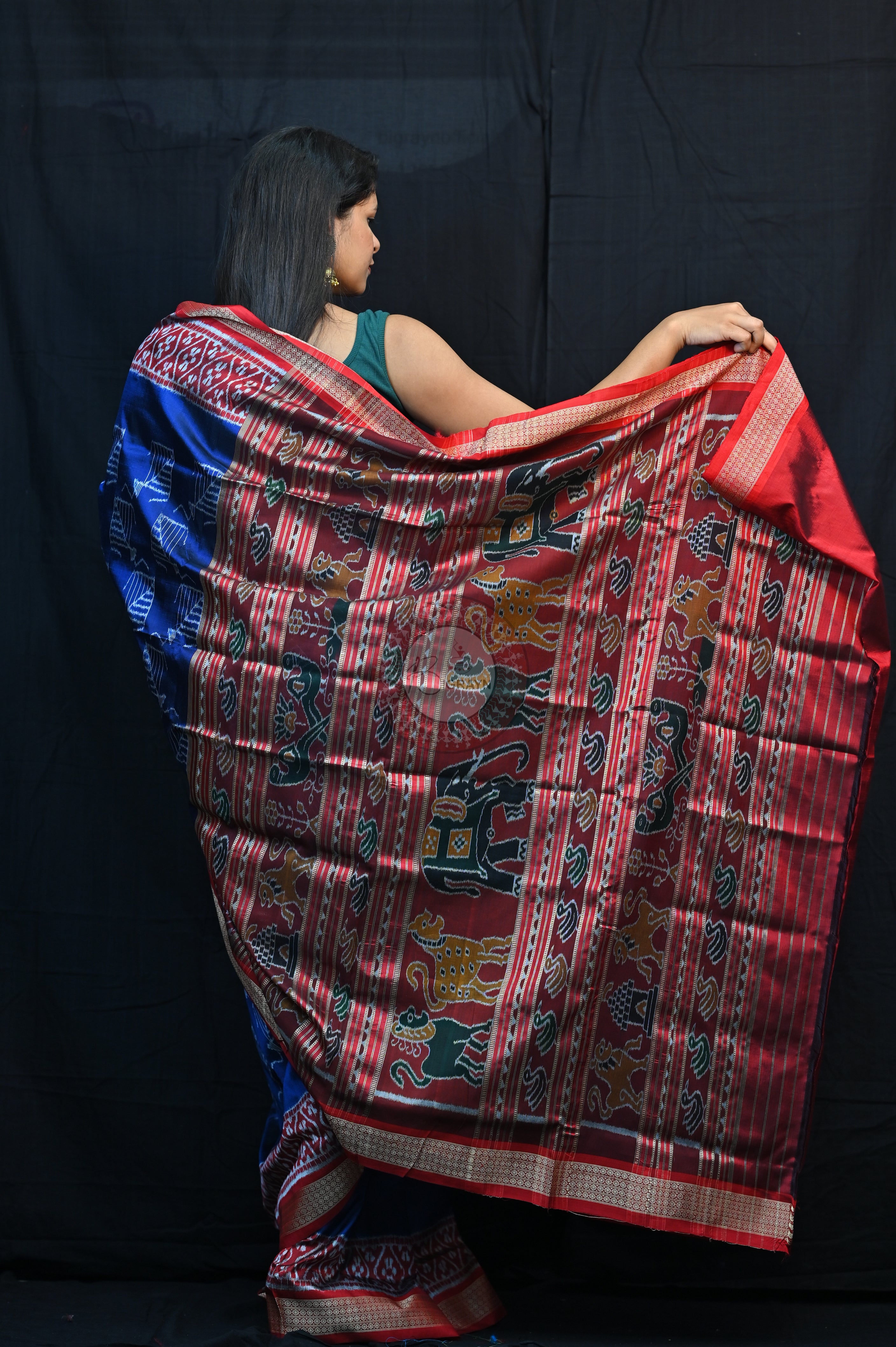 Blue Red Kites Mulberry Silk Saree