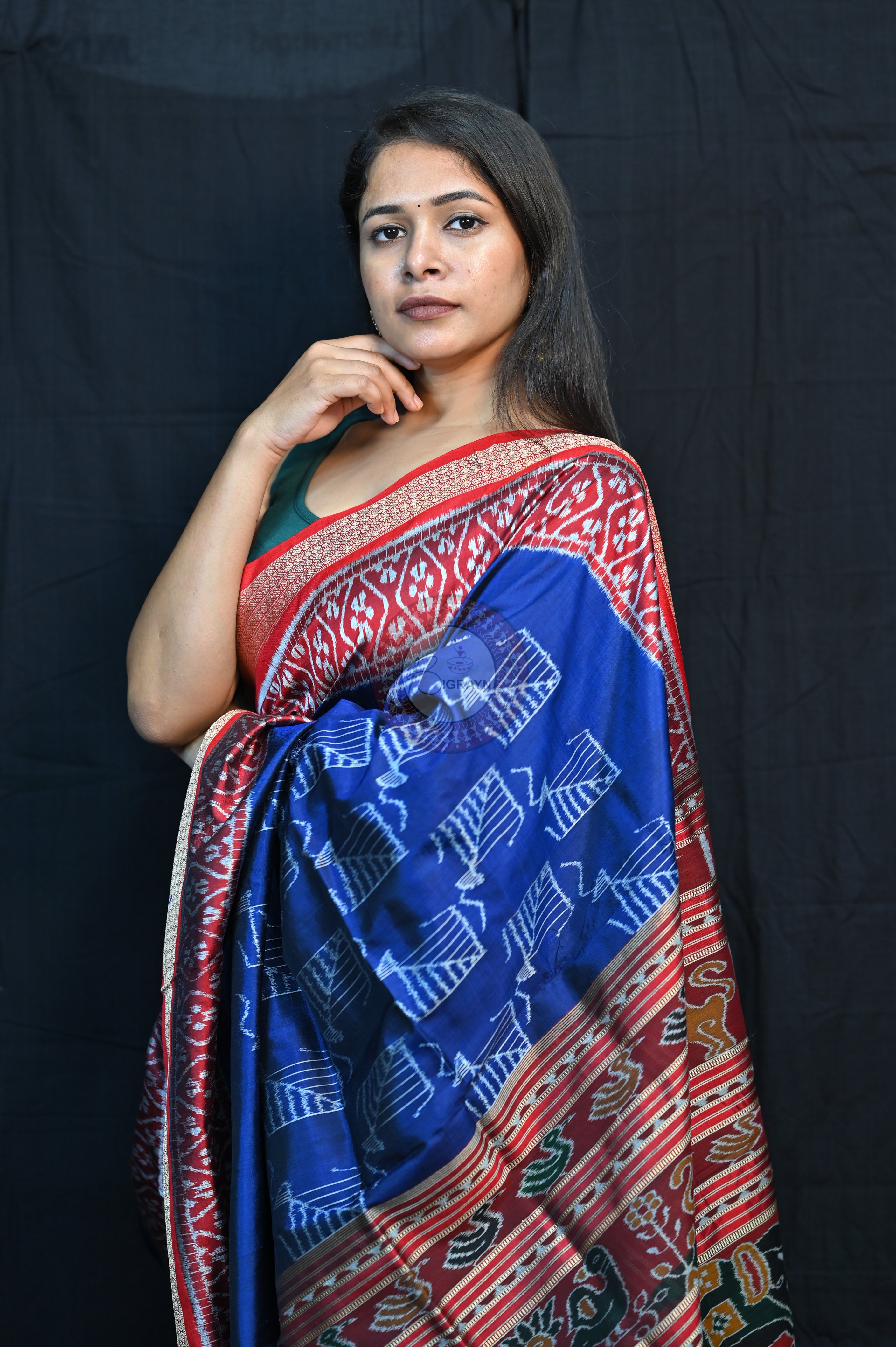 Blue Red Kites Mulberry Silk Saree