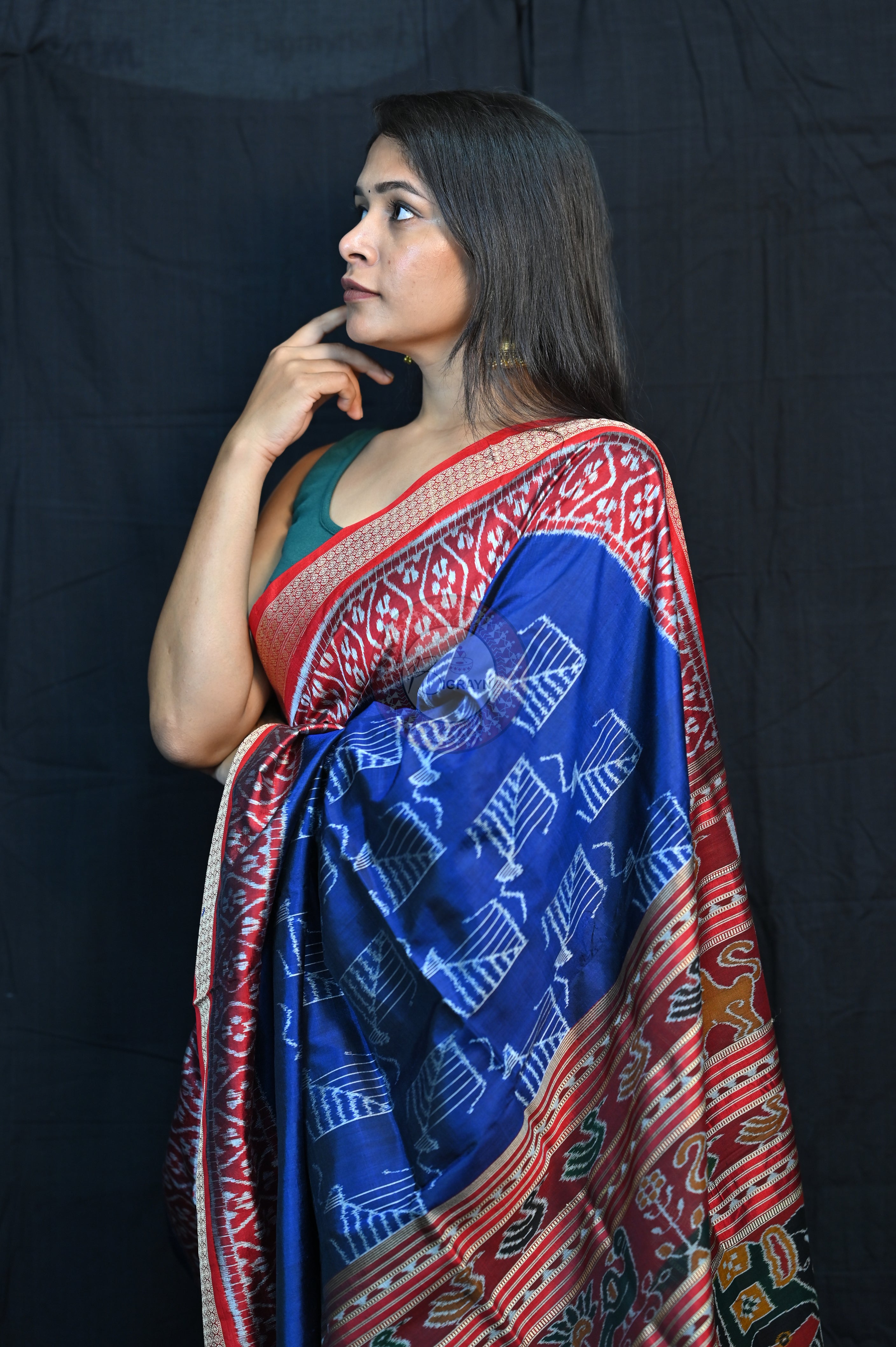 Blue Red Kites Mulberry Silk Saree