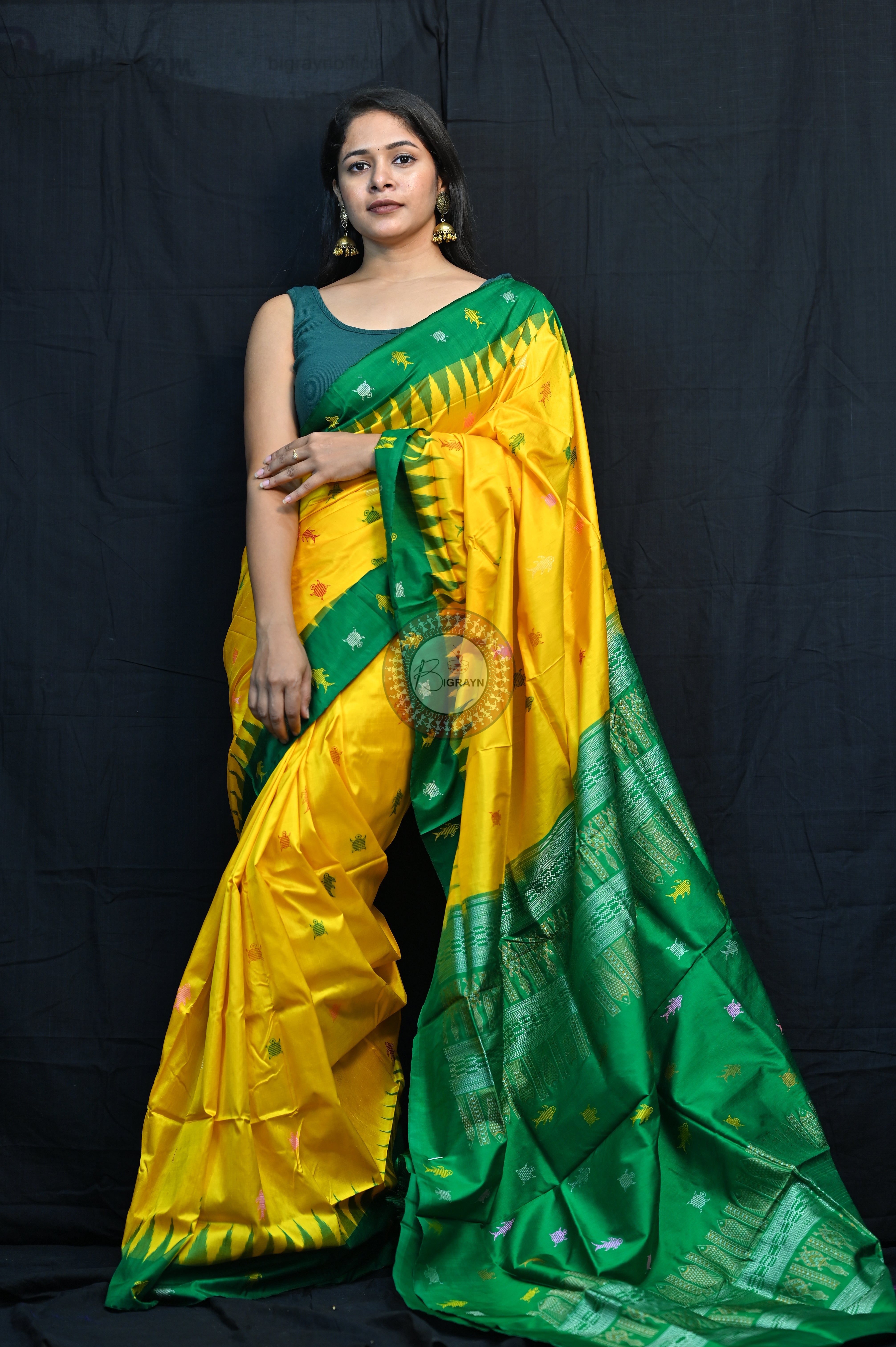 Mastya Kachhap Yellow Green Bomkai Silk Saree