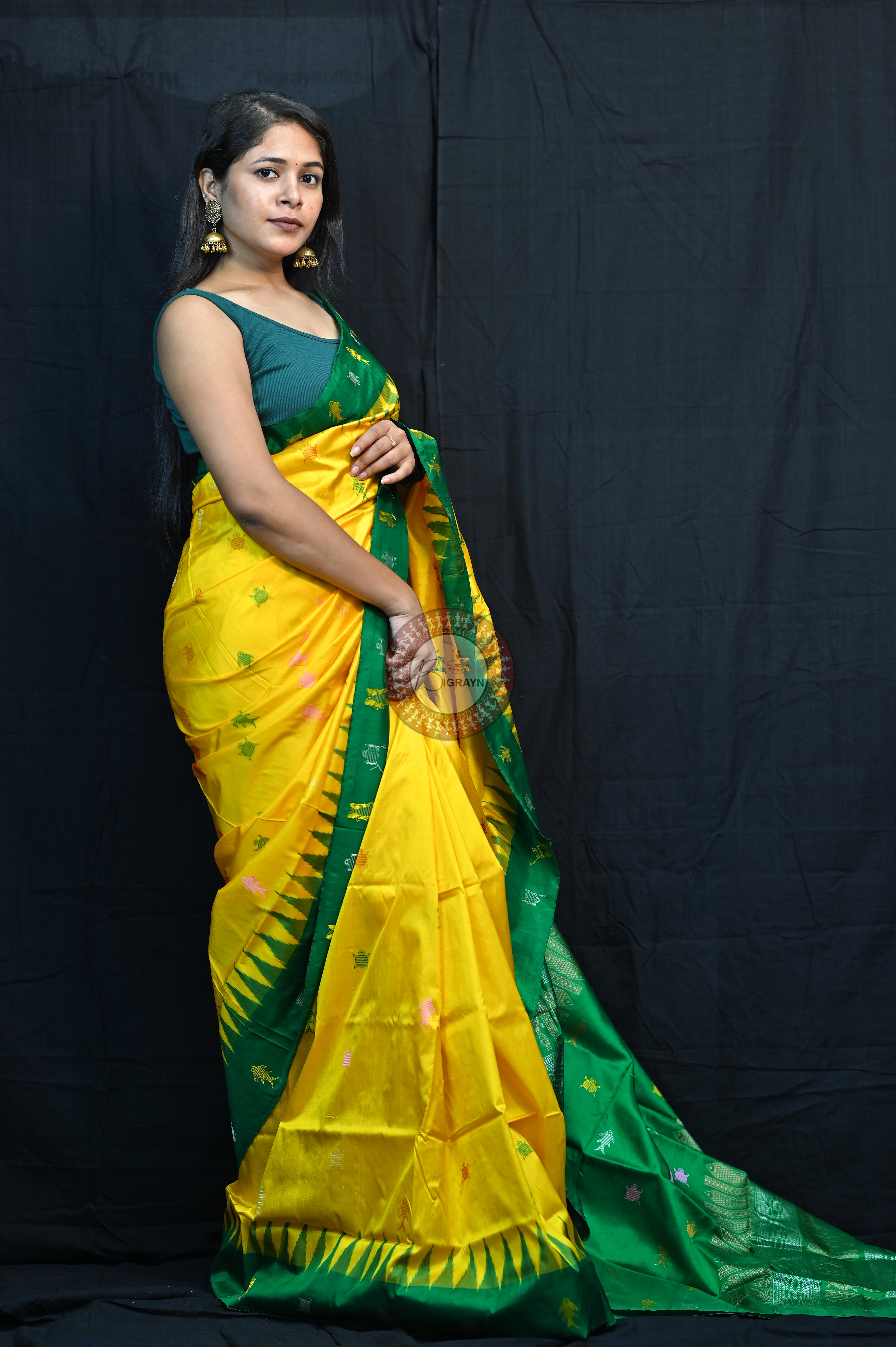 Mastya Kachhap Yellow Green Bomkai Silk Saree