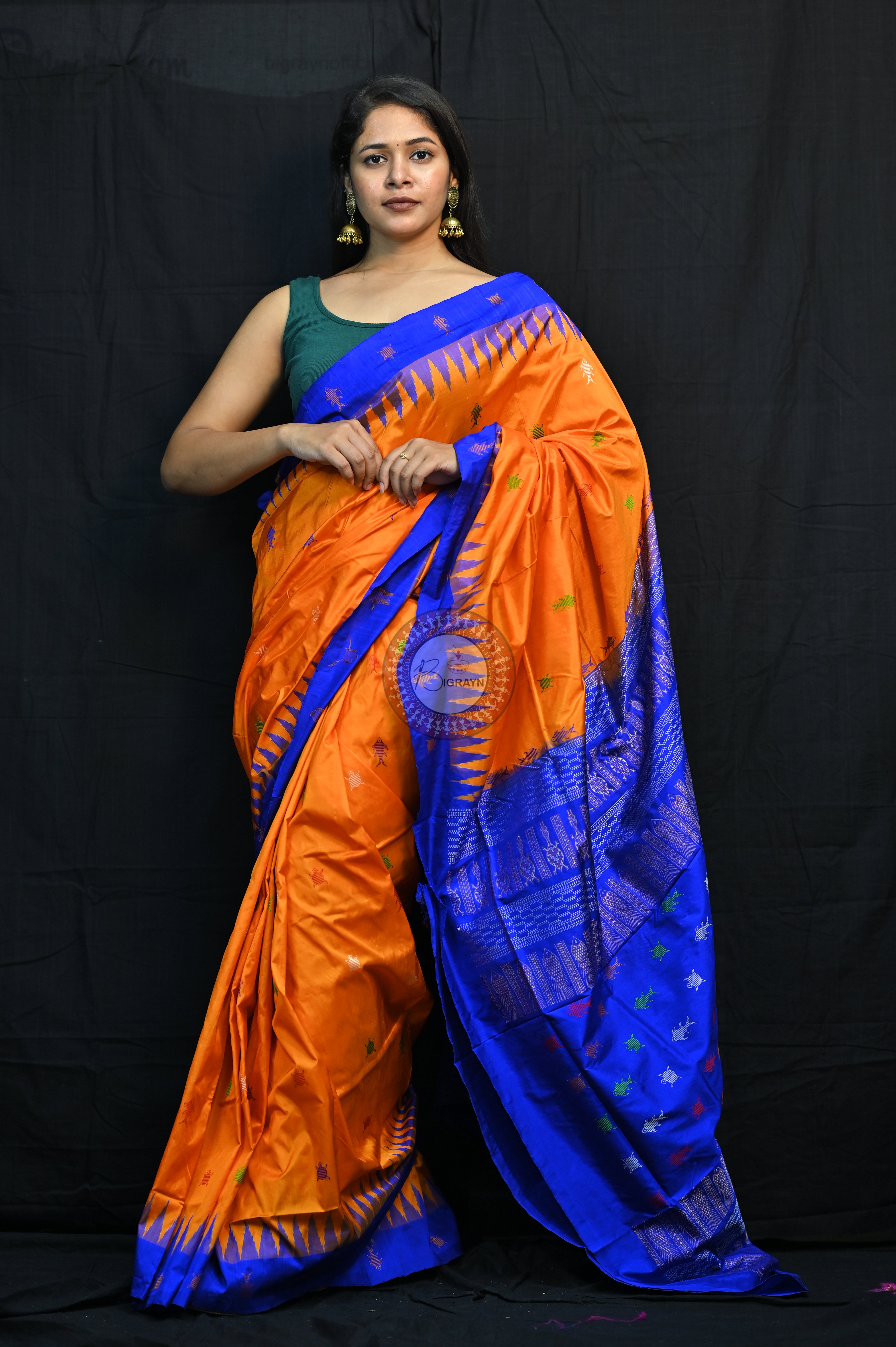 Mastya kachhap Orange Blue Bomkai Silk Saree