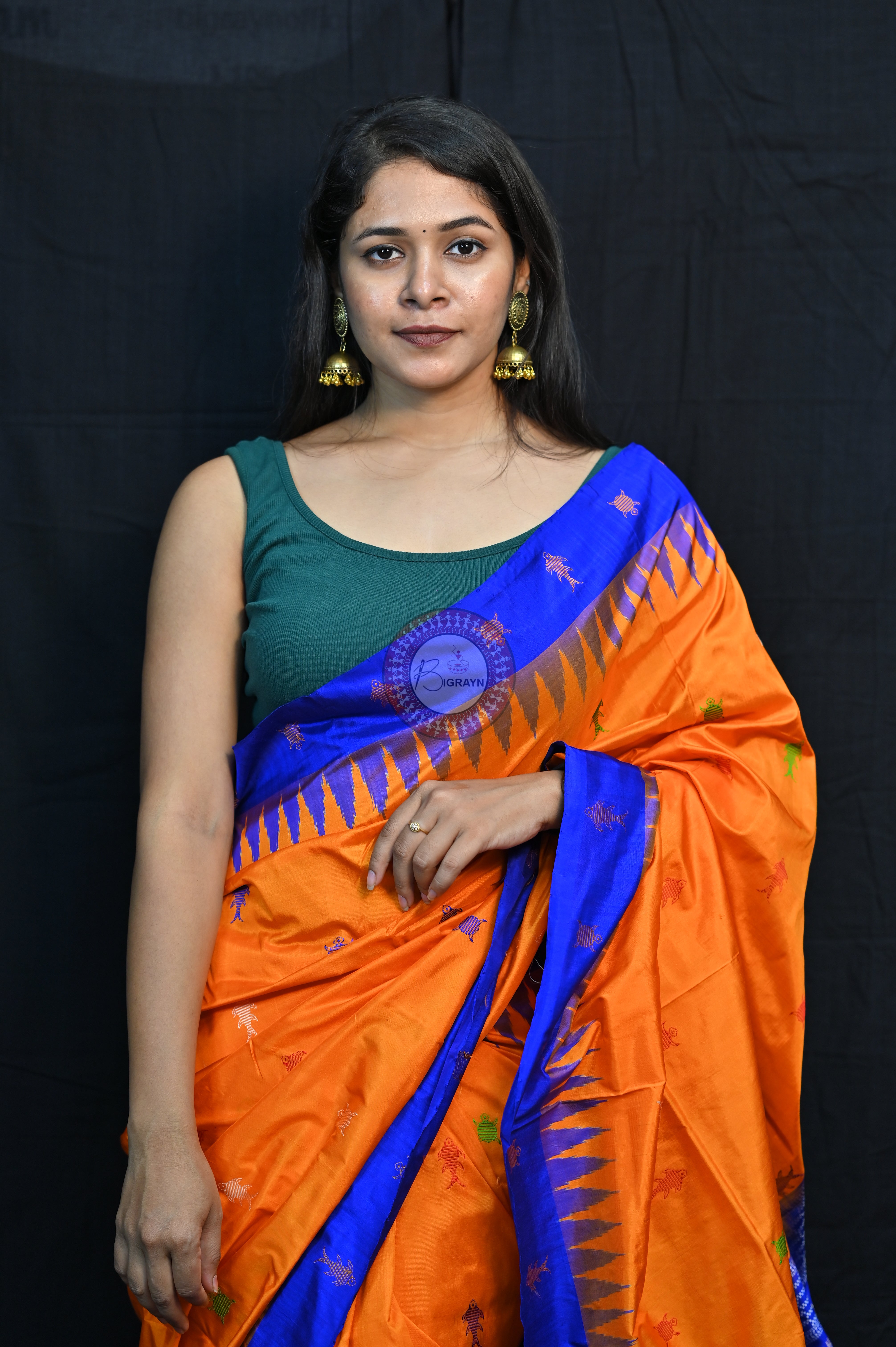 Mastya kachhap Orange Blue Bomkai Silk Saree