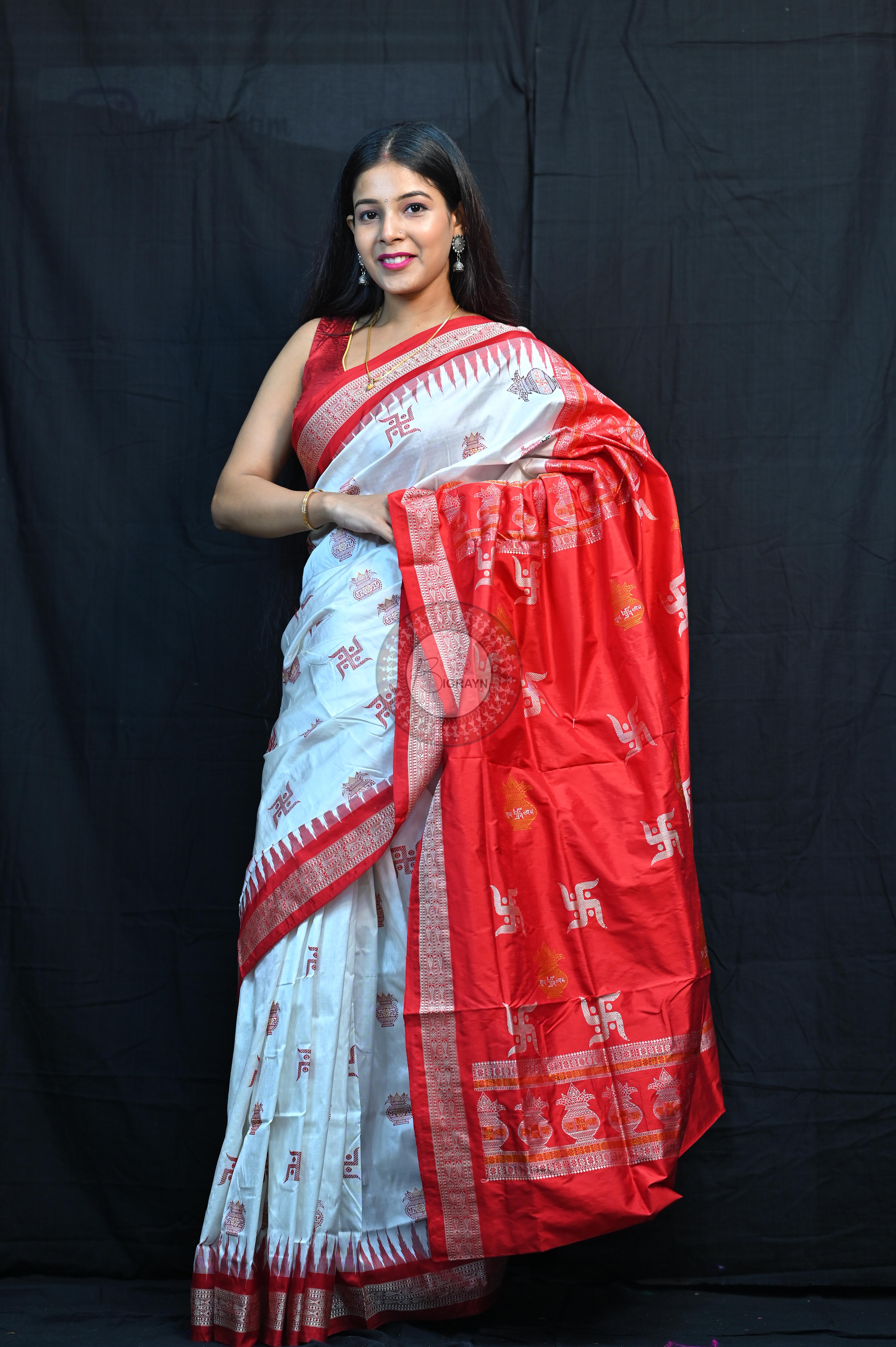 White Red Swastik Kalashi Bomkai Silk Saree