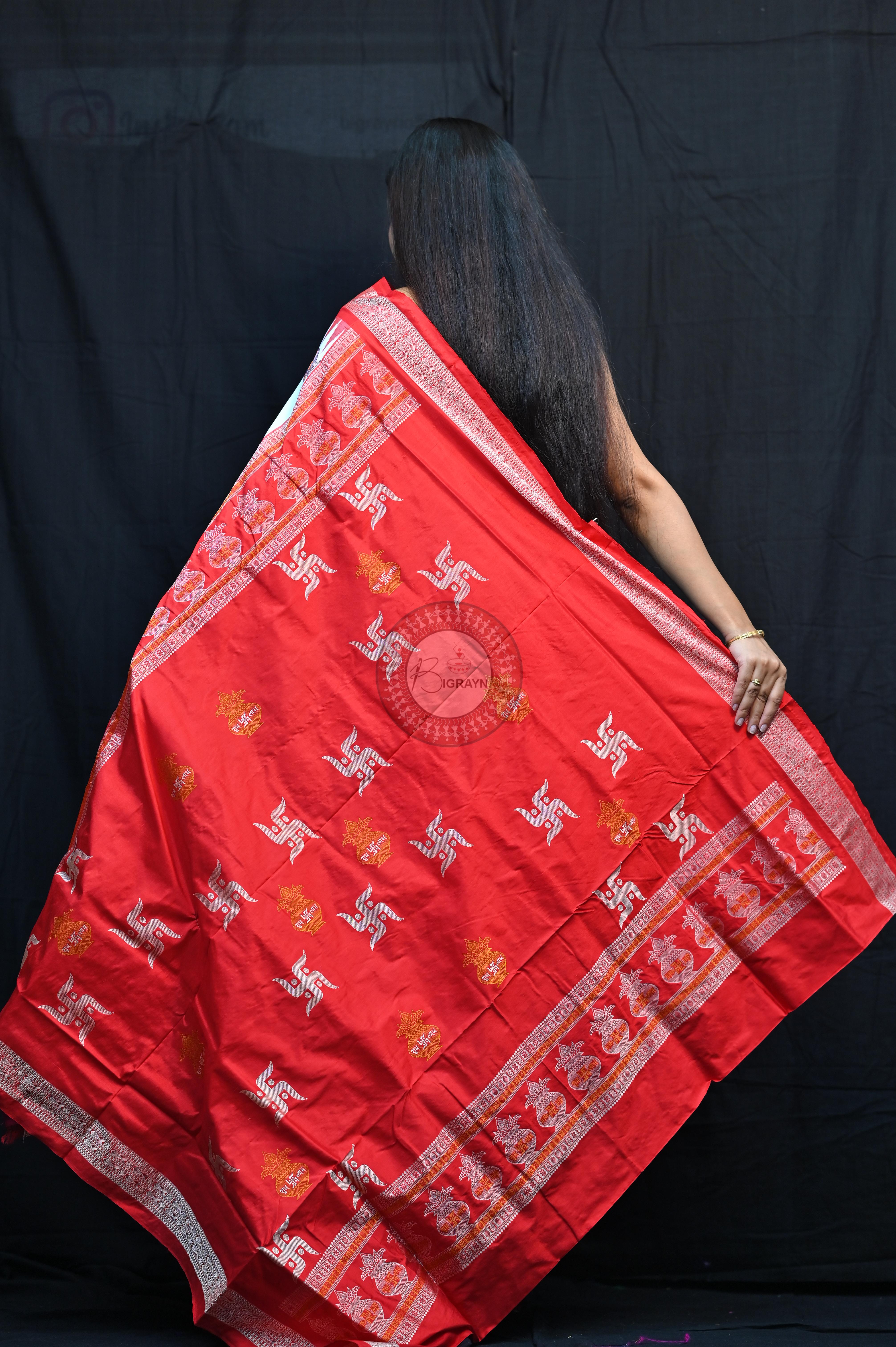 White Red Swastik Kalashi Bomkai Silk Saree