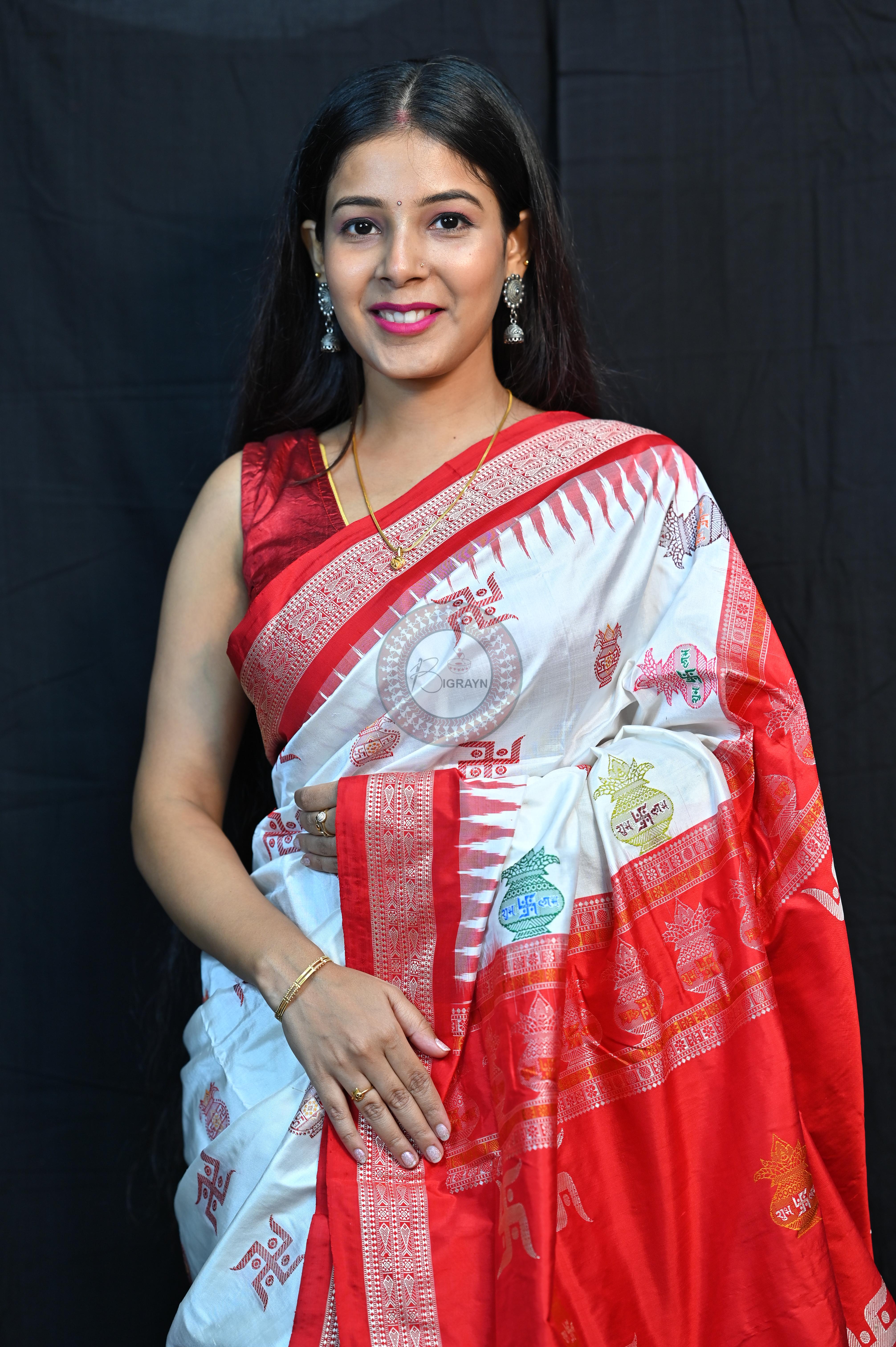 White Red Swastik Kalashi Bomkai Silk Saree