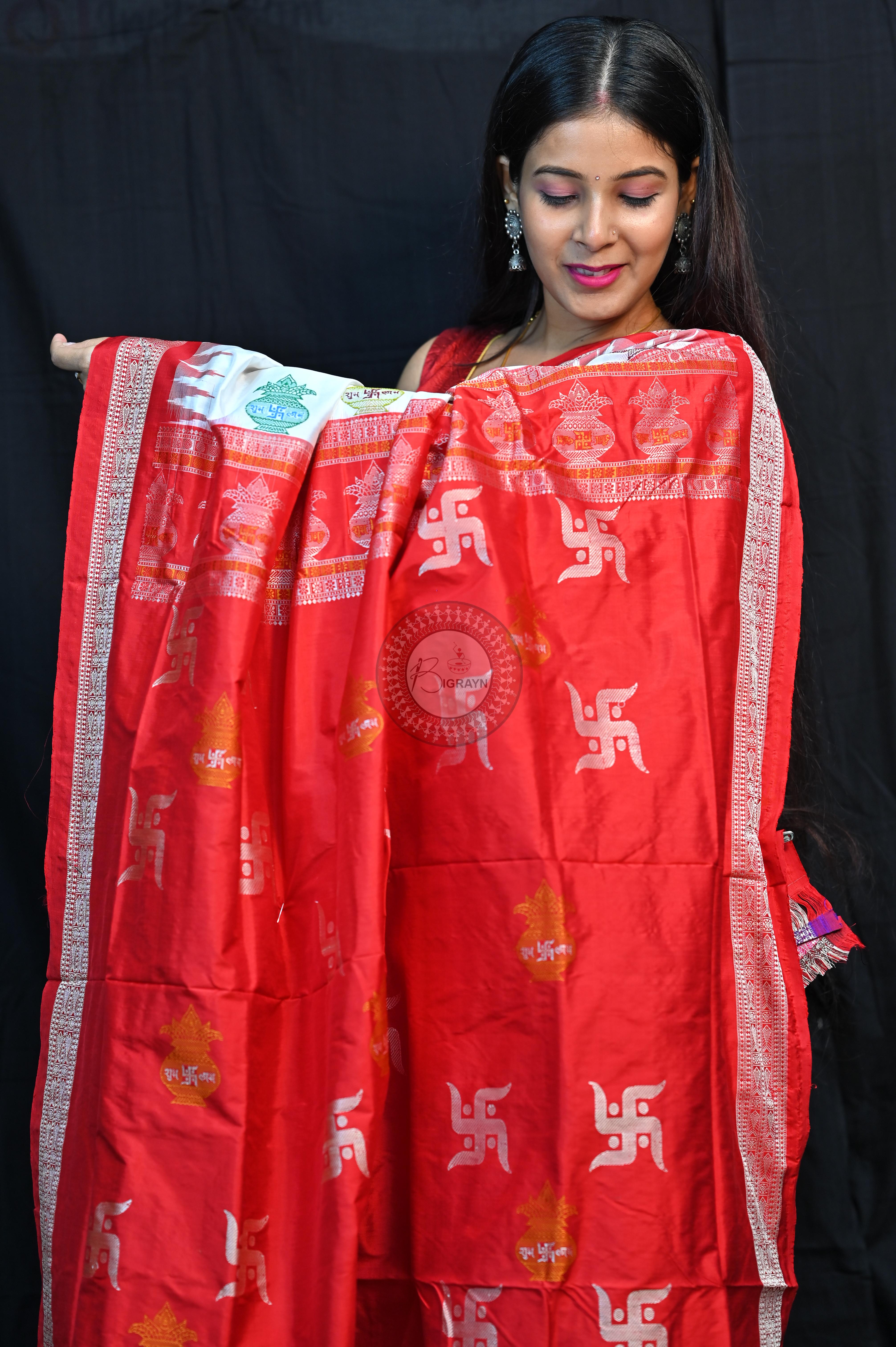 White Red Swastik Kalashi Bomkai Silk Saree