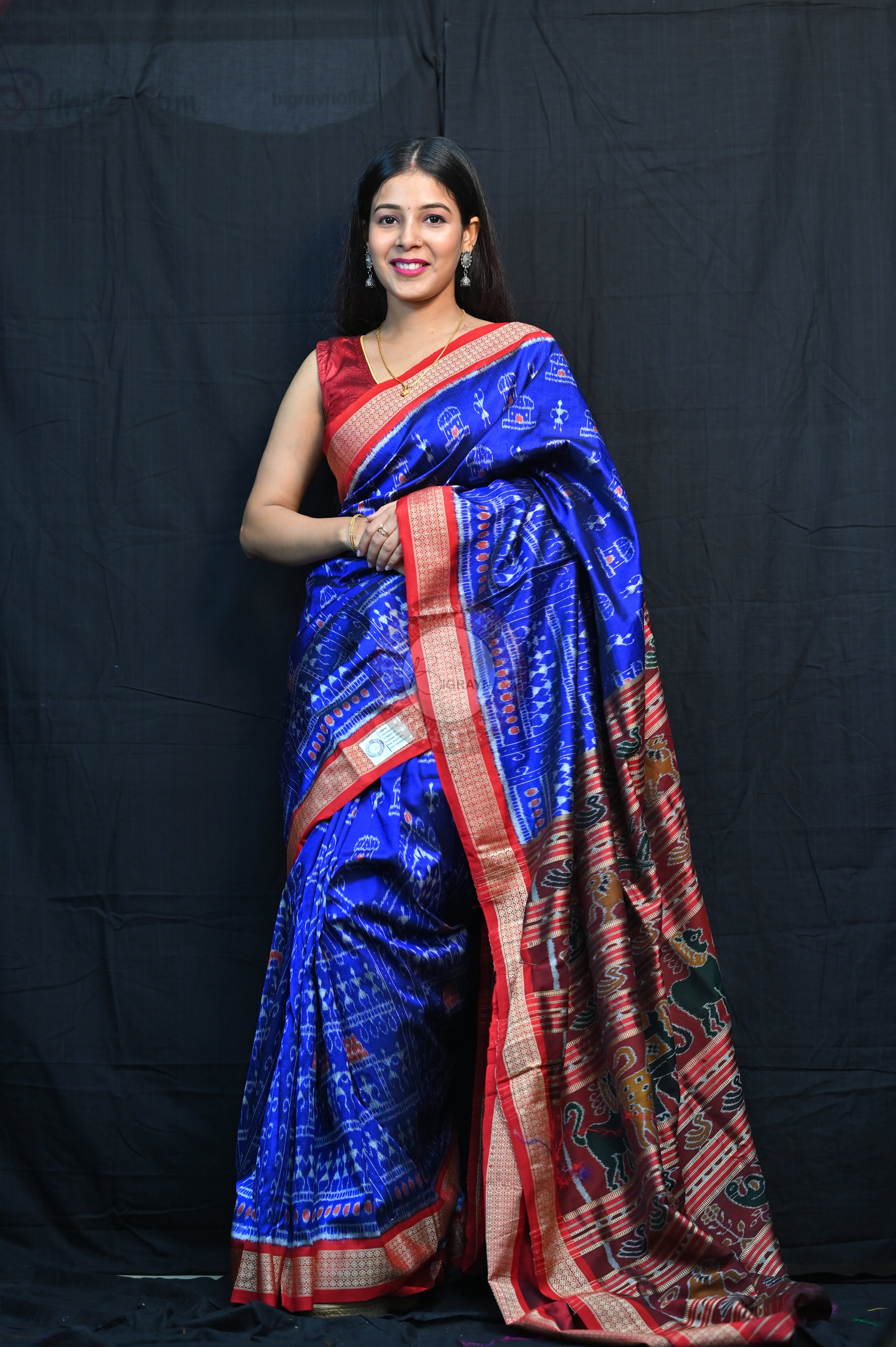 Blue Red Tribal Houses Mulberry Silk Saree