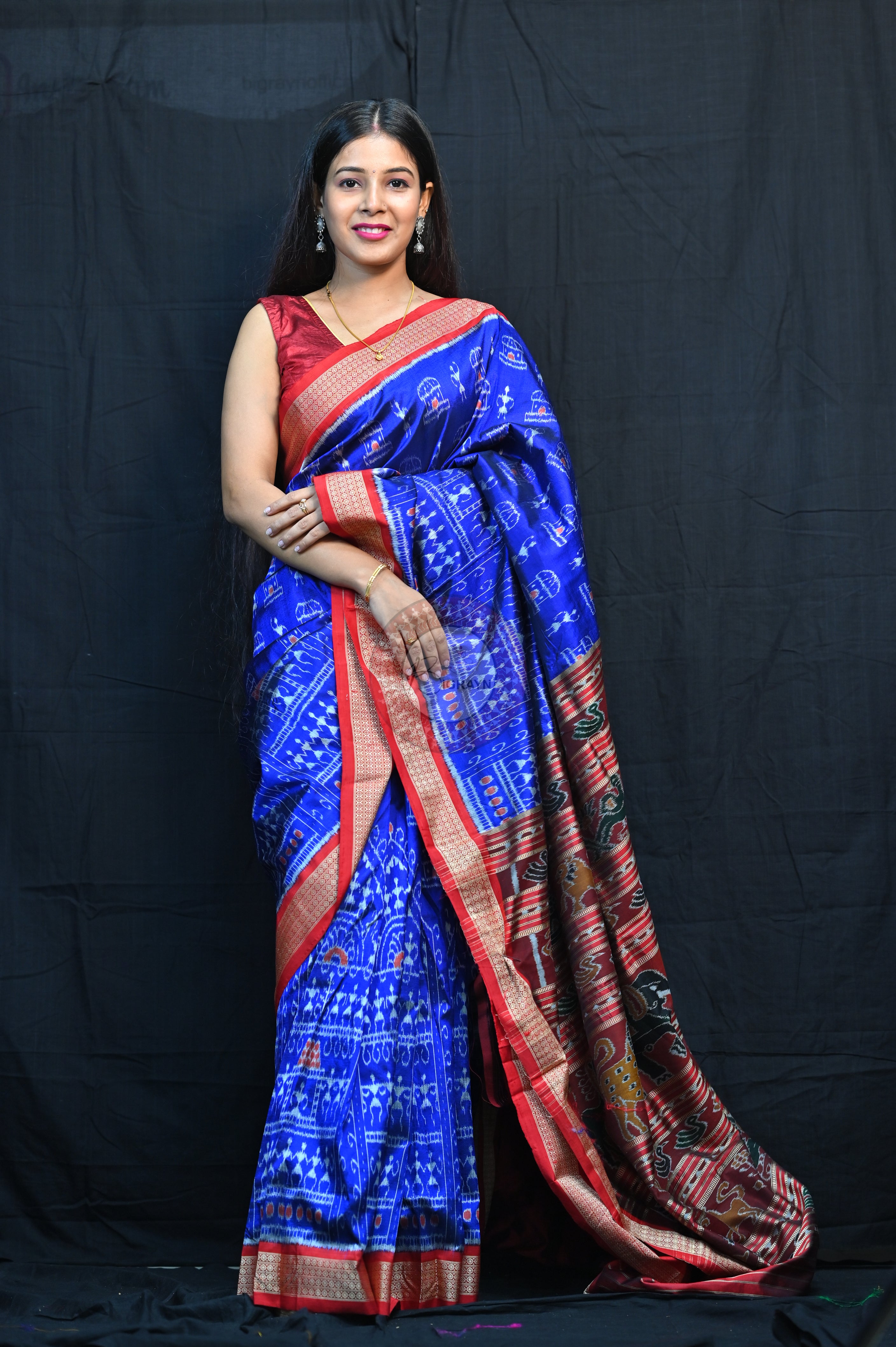Blue Red Tribal Houses Mulberry Silk Saree