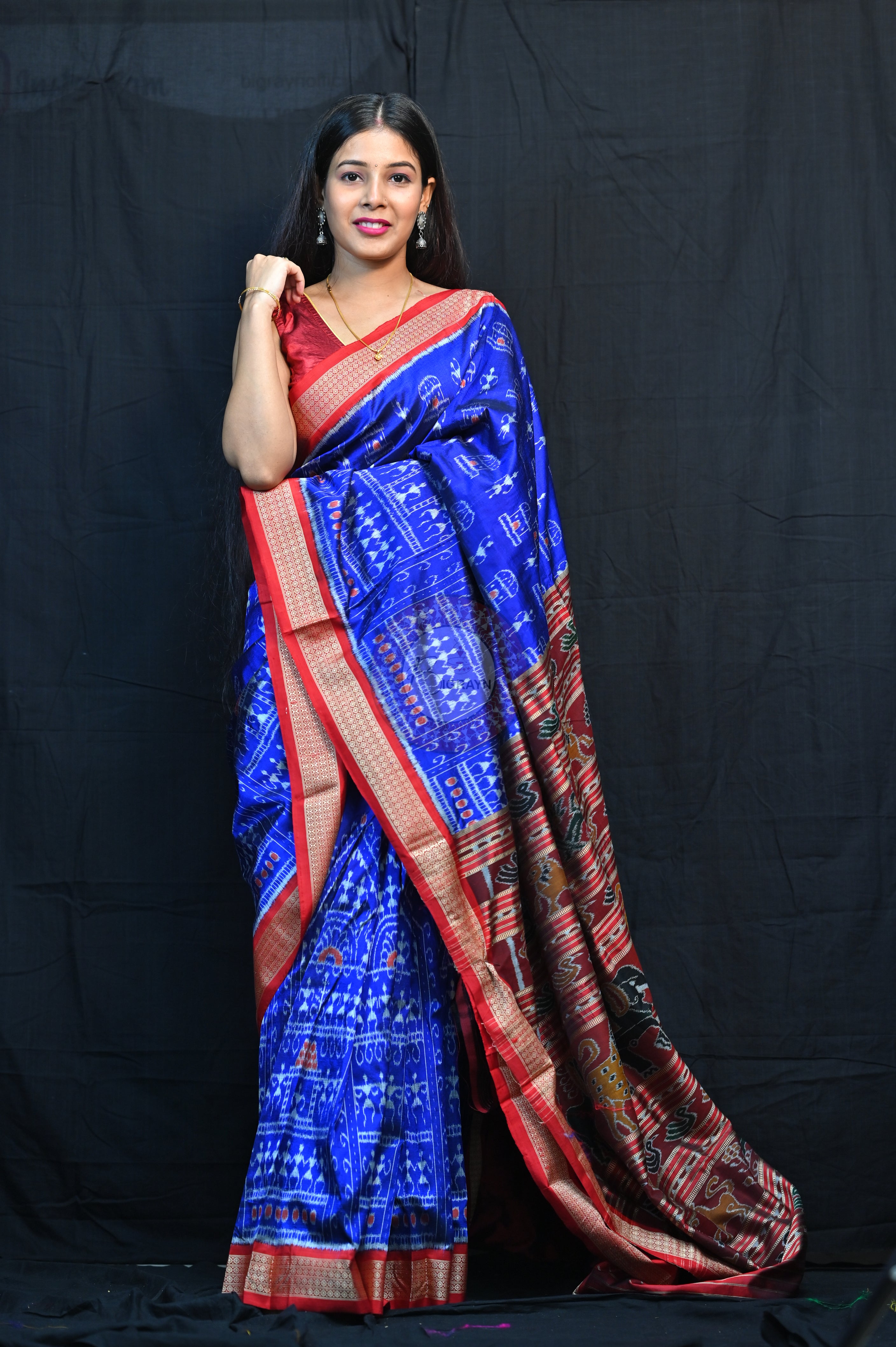 Blue Red Tribal Houses Mulberry Silk Saree