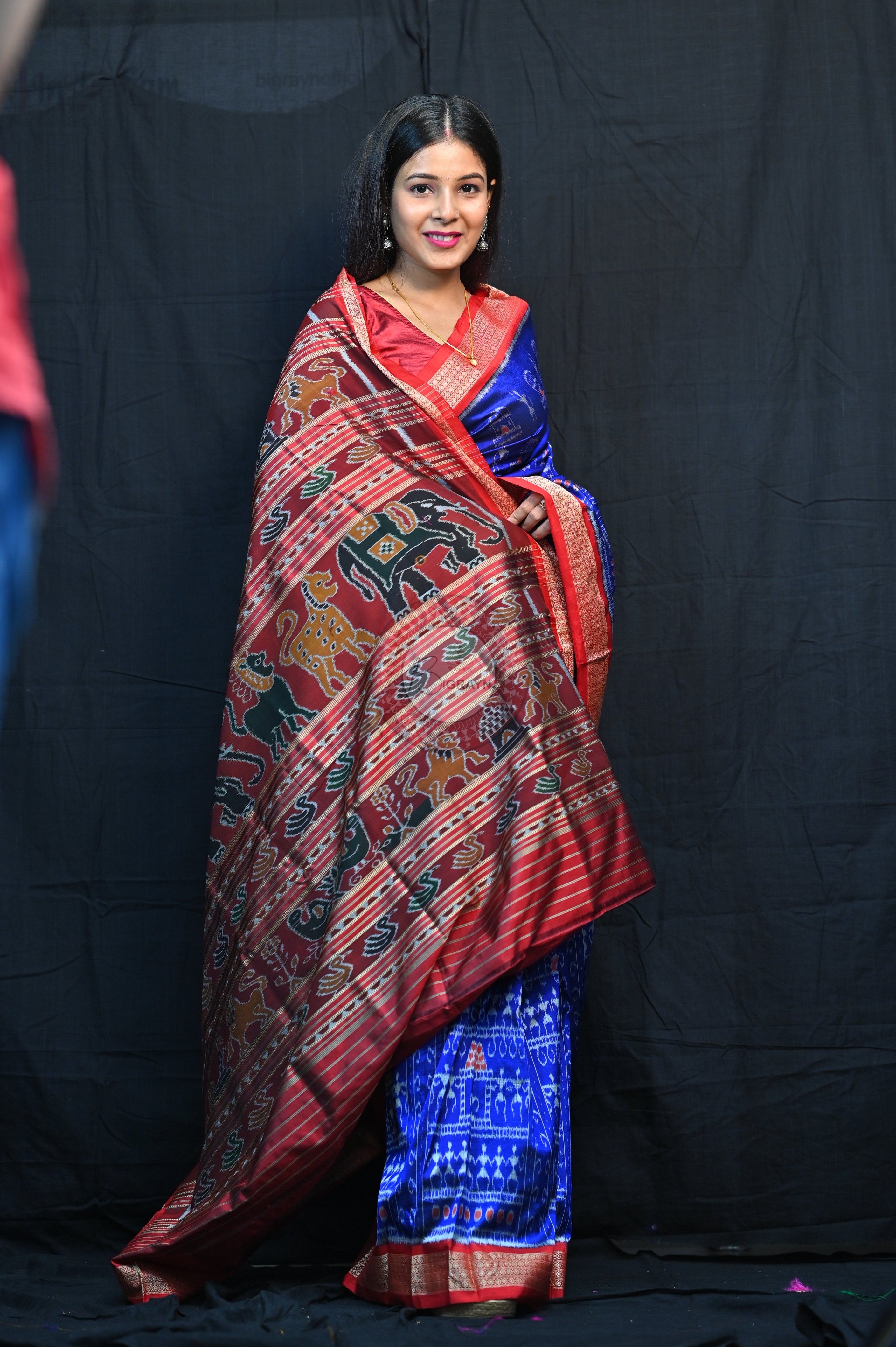 Blue Red Tribal Houses Mulberry Silk Saree